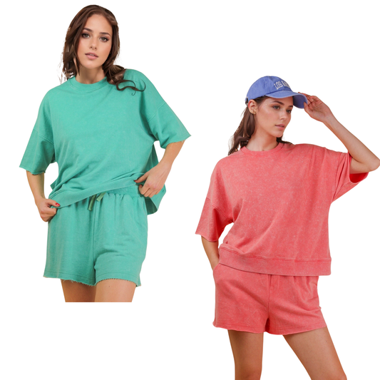 Stay comfortable and stylish in this Very J Knit Top and Shorts Set, designed for the modern plus-size wardrobe. This two-piece ensemble features a relaxed short sleeve top paired with matching shorts, both crafted from soft mineral-washed fabric that offers a vintage, lived-in feel. Choose between soothing sea foam or warm coral to match your personal style. The mineral wash adds character and texture while remaining easy to care for. 
