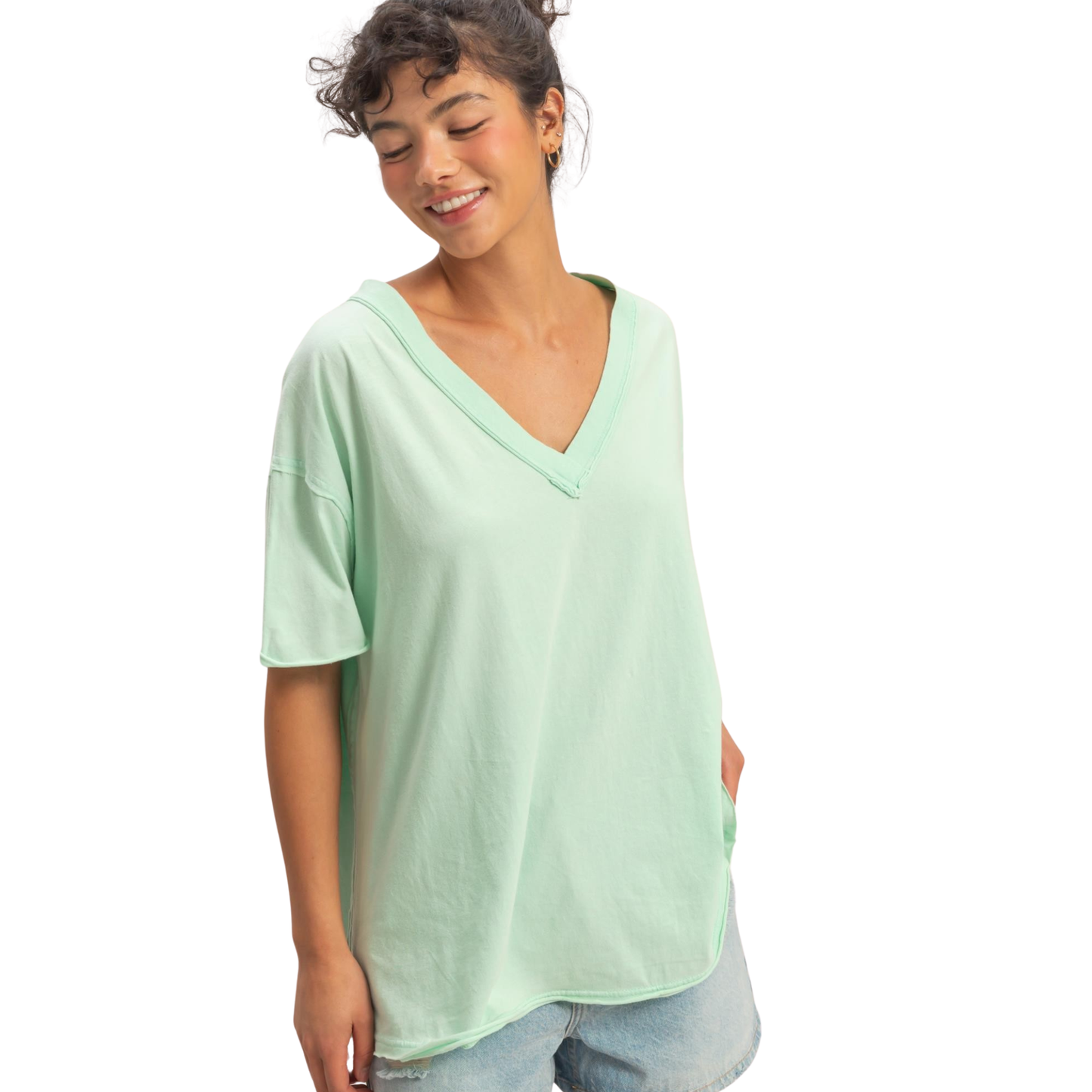 Washed oversized v-neck top in mint