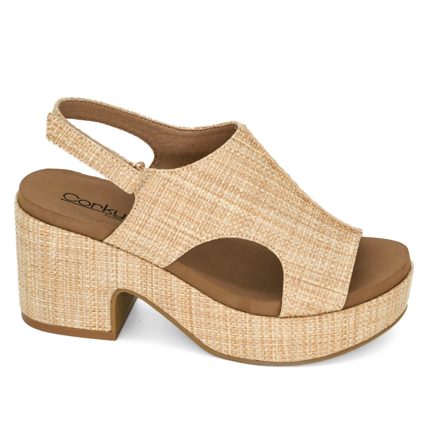 Expertly crafted by Corkys, the Miss Carley wedge sandal features a beautiful natural raffia material for a sophisticated look. Perfect for any occasion, this sandal offers both style and comfort.