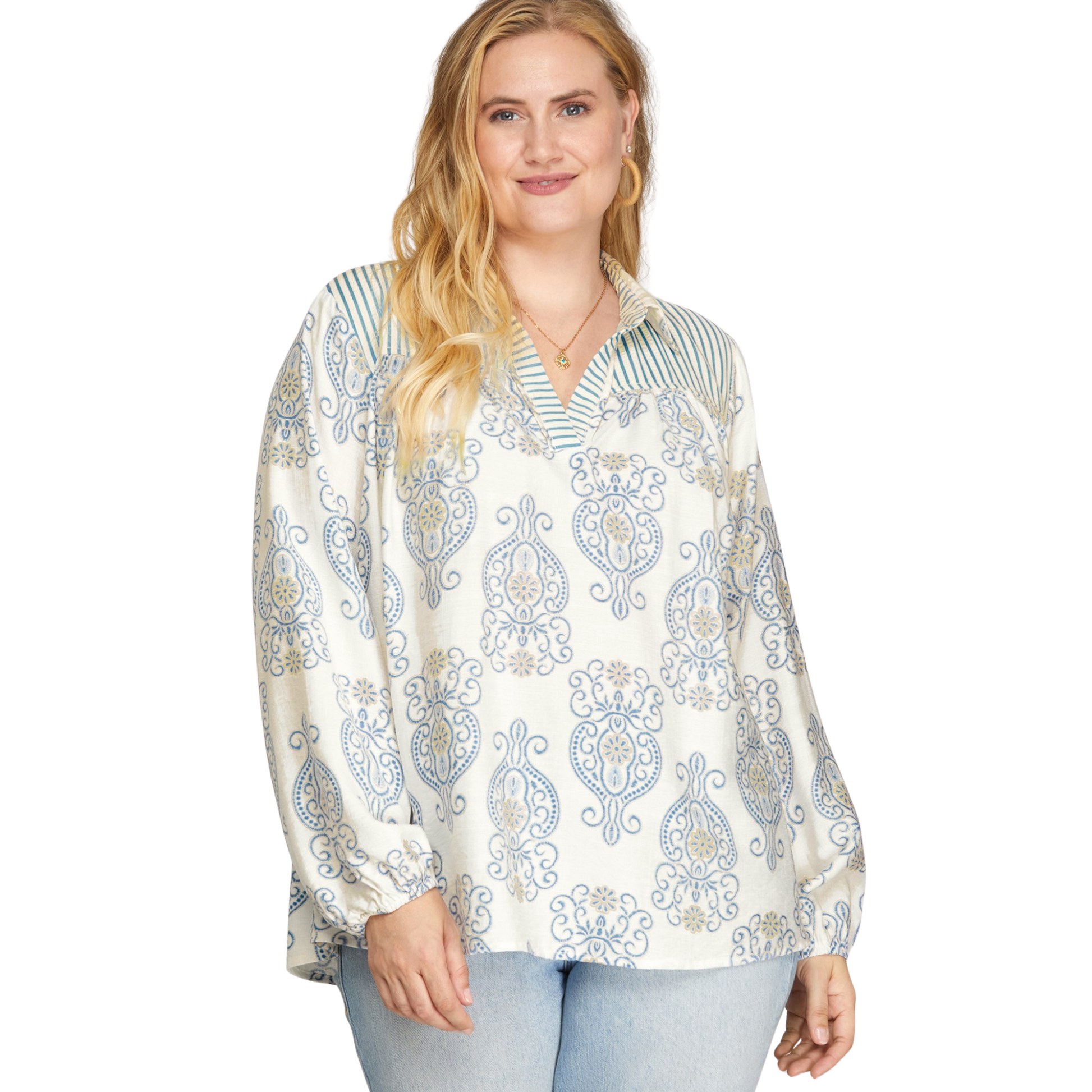Elevate your wardrobe with this versatile Mixed Media Collared Top from She+Sky. Designed for the modern woman, this long sleeve piece combines textures and fabrics in a striking blue mix that works seamlessly from day to night. The classic collar adds polish and structure, while the thoughtfully tailored plus-size fit ensures comfort and confidence. Perfect for layering or wearing solo, this mixed media top brings dimension and style to any outfit.