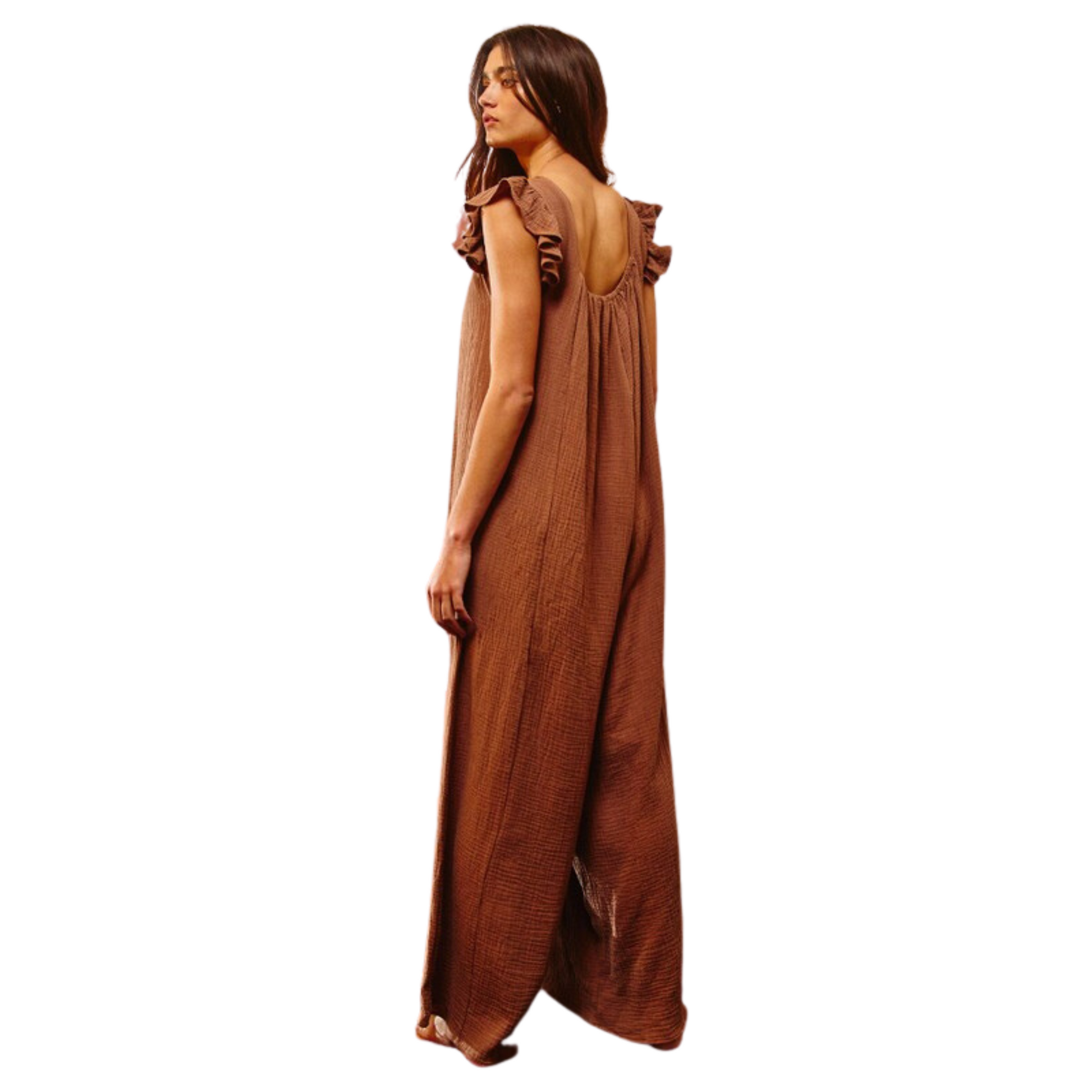 Mocha colored ruffle sleeve jumpsuit. Made from gauze, this wide leg jumpsuit from bucket list is a staple for your closet.