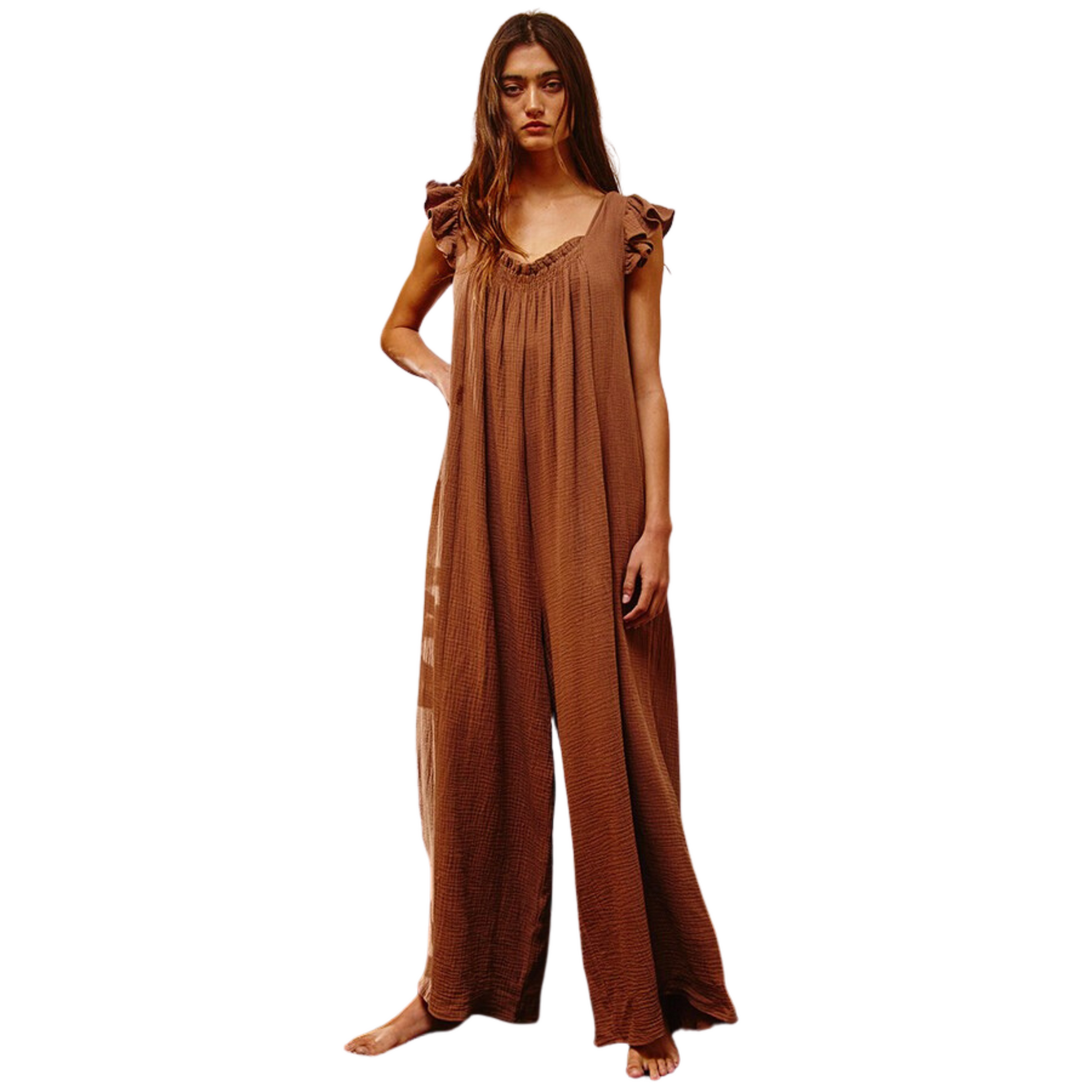 Mocha colored ruffle sleeve jumpsuit. Made from gauze, this wide leg jumpsuit from bucket list is a staple for your closet.