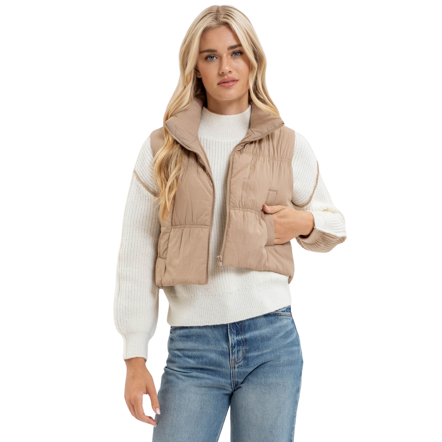 Cropped zip up puffer vest in beige
