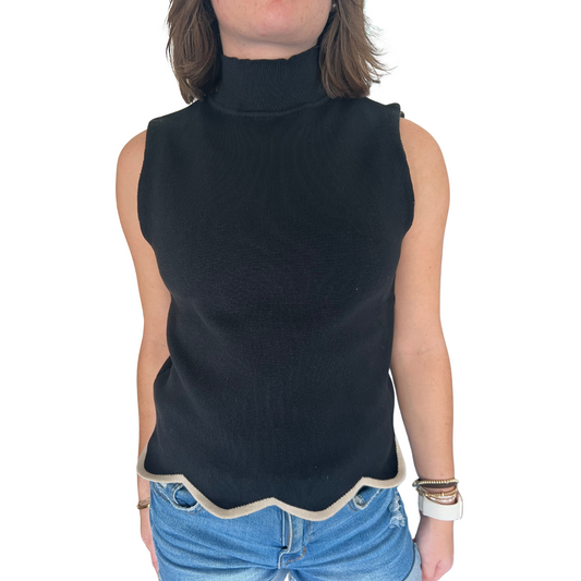 This sleeveless knit top features a sophisticated black hue with a distinctive scalloped hem, adding subtle visual interest to a classic silhouette. Designed for comfort and style, its lightweight knit fabric ensures breathability, making it ideal for layering or wearing alone in warmer weather. The clean lines and elegant finish make it a versatile piece for both casual and refined outfits.