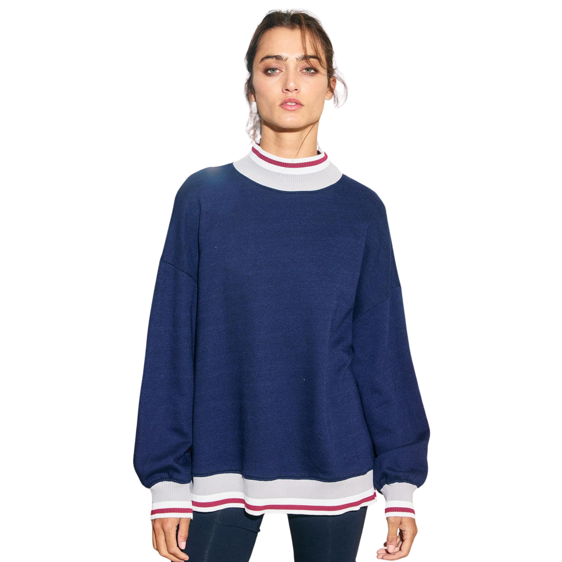 Elevate your everyday wardrobe with this navy mock neck sweatshirt from Bucket List. Crafted for comfort and versatility, the long sleeves provide warmth while the classic mock neckline adds a polished touch to casual and layered looks. The structured fit works seamlessly with jeans, joggers, or tailored pieces, making it an essential staple for any season. Quality construction ensures durability through countless wears and washes.
