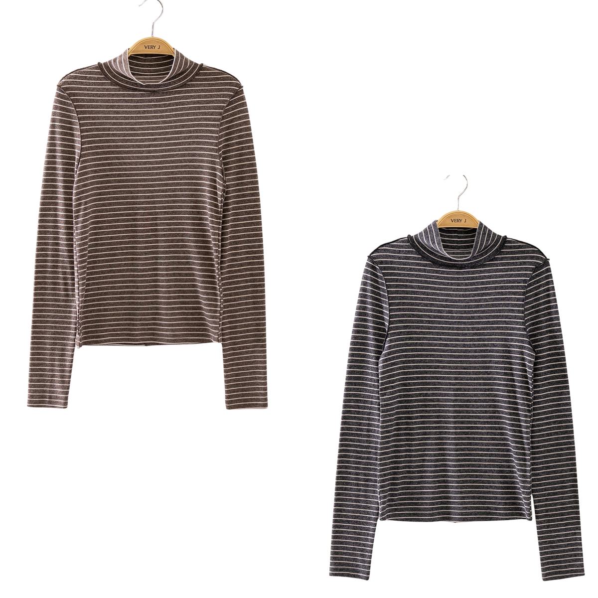 Elevated comfort meets versatile style with this mock neck long sleeve top by Very J. The classic striped design offers timeless appeal, while the fitted mock neck creates a polished silhouette perfect for layering or wearing solo. Available in rich black and warm chocolate tones, this piece transitions effortlessly from casual days to dressed-up occasions. Quality construction ensures durability through countless wears.