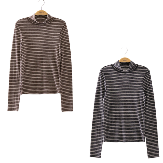 Elevated comfort meets versatile style with this mock neck long sleeve top by Very J. The classic striped design offers timeless appeal, while the fitted mock neck creates a polished silhouette perfect for layering or wearing solo. Available in rich black and warm chocolate tones, this piece transitions effortlessly from casual days to dressed-up occasions. Quality construction ensures durability through countless wears.