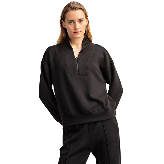 The Modal Luxe Scuba Jacket by Rae Mode is a sleek black pullover designed with a convenient half zipper for easy layering. Crafted from premium modal fabric, it offers a soft, breathable feel while providing a structured, comfortable fit. Ideal for those seeking a versatile jacket that combines modern style with practical performance.