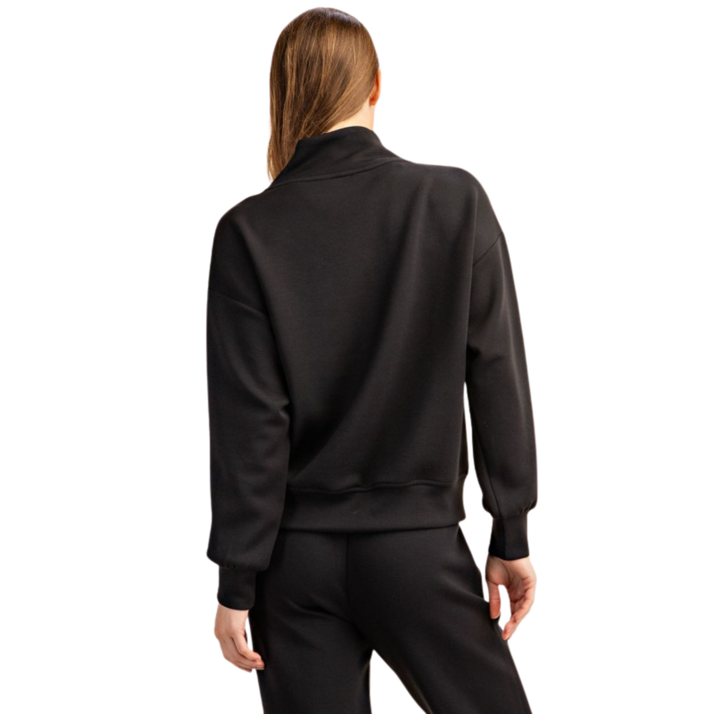 The Modal Luxe Scuba Jacket by Rae Mode is a sleek black pullover designed with a convenient half zipper for easy layering. Crafted from premium modal fabric, it offers a soft, breathable feel while providing a structured, comfortable fit. Ideal for those seeking a versatile jacket that combines modern style with practical performance.
