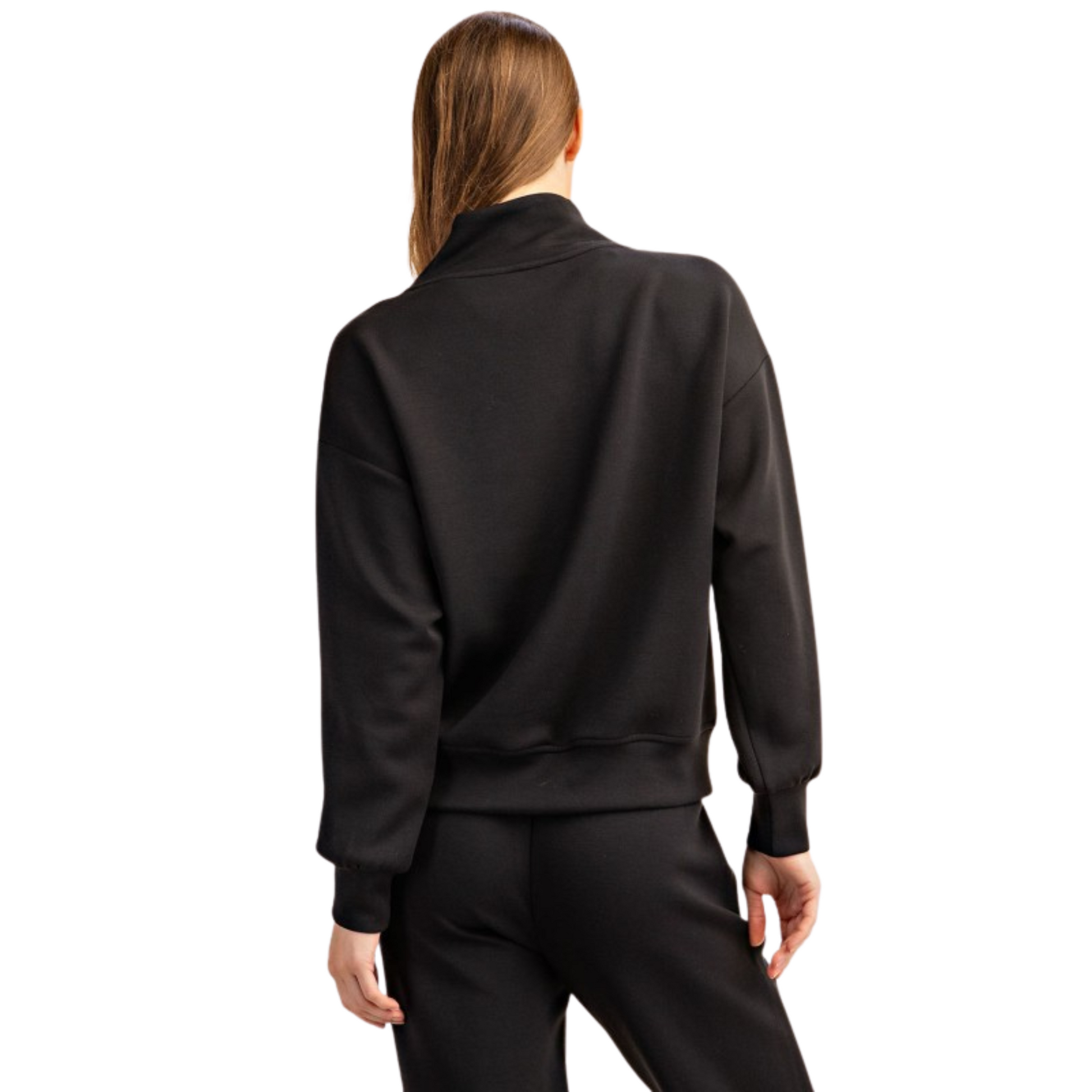 The Modal Luxe Scuba Jacket by Rae Mode is a sleek black pullover designed with a convenient half zipper for easy layering. Crafted from premium modal fabric, it offers a soft, breathable feel while providing a structured, comfortable fit. Ideal for those seeking a versatile jacket that combines modern style with practical performance.