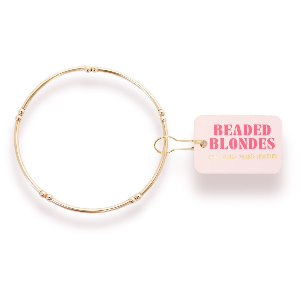 The Mollie bracelet is 3mm with gold bars that fits like a bangle.&nbsp;

• 14 K gold filled &amp; elastic string

• Handstrung in College Station, Texas. Sourced in the US.

• Waterproof, workout proof &amp; tarnish proof

• Care tips - harsh chemicals can cause slight darkening&nbsp;