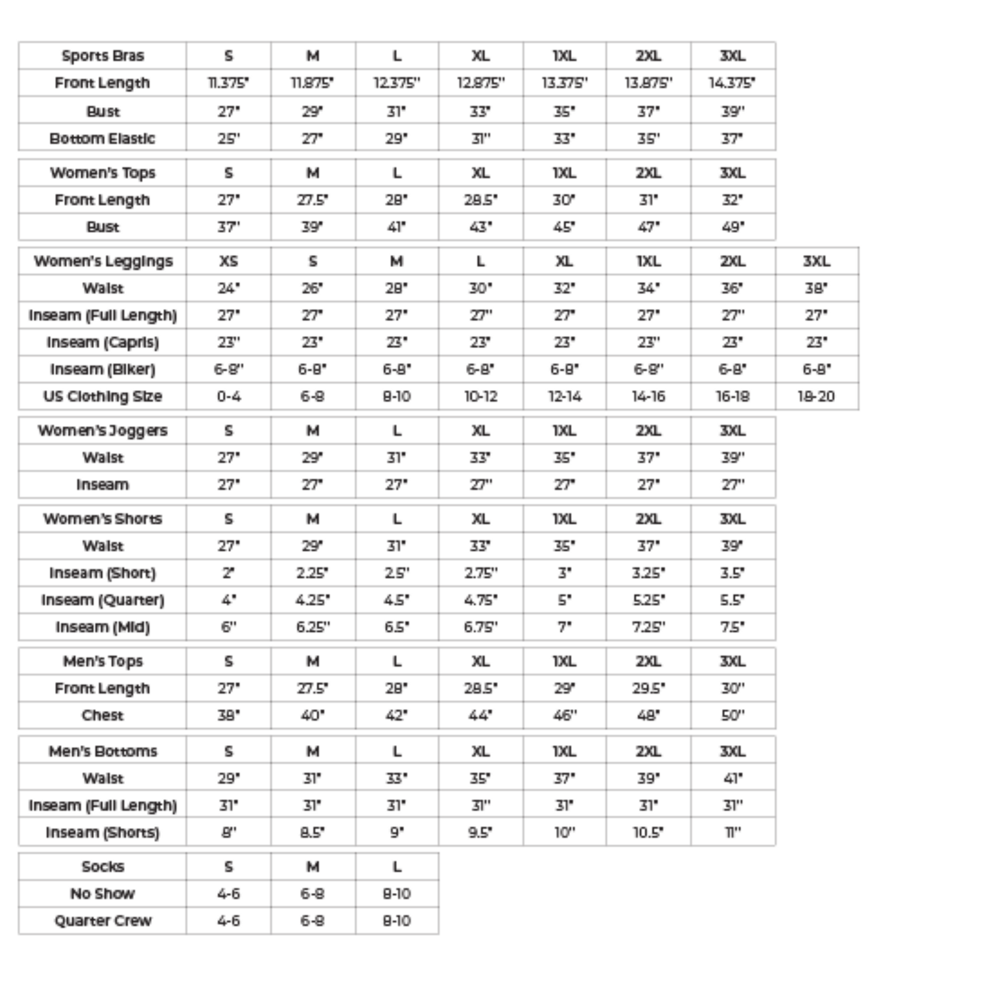 Mono B Size Chart