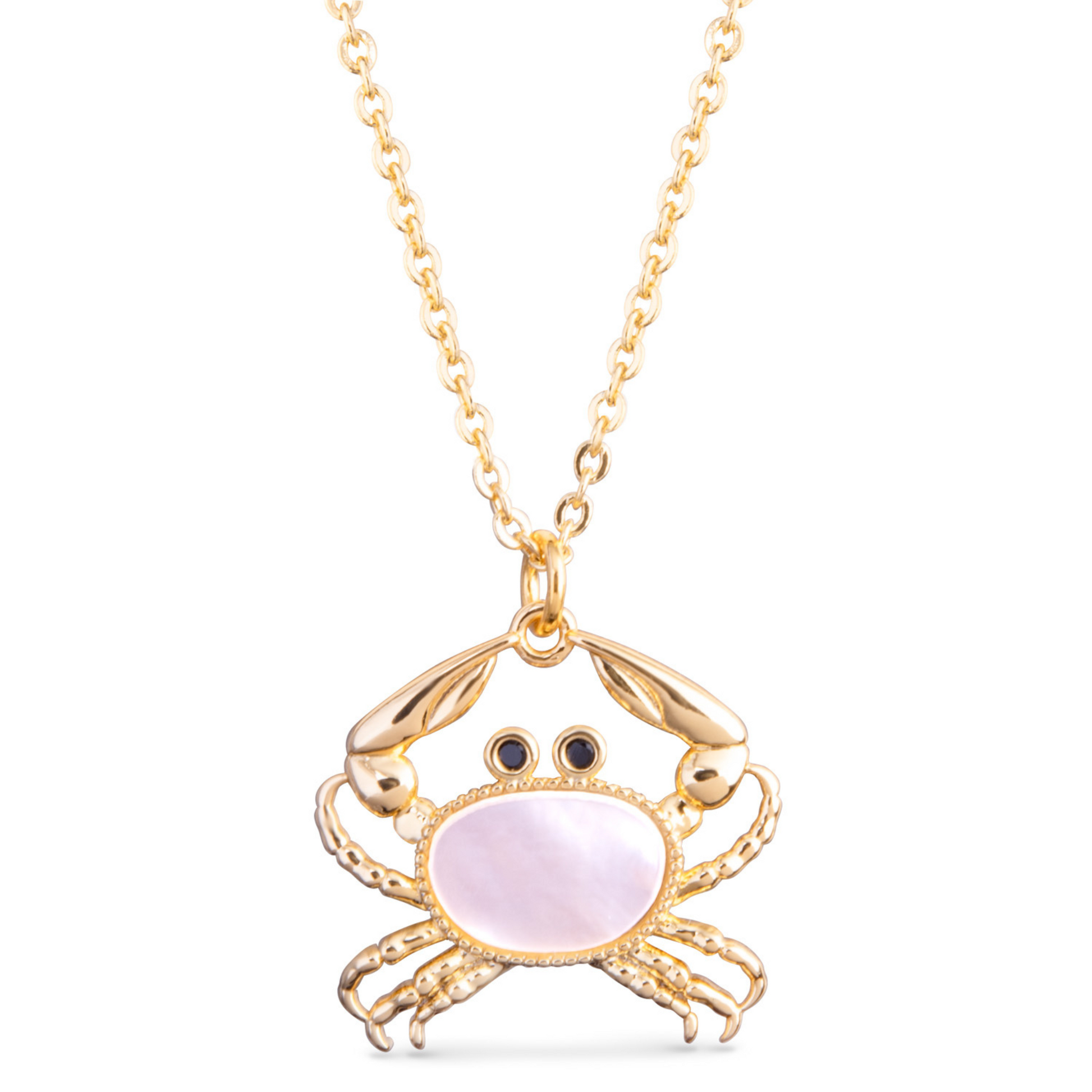 This elegant necklace features a beautiful crab design made of gold and embellished with mother of pearl and sparkling rhinestones. The pink color adds a touch of femininity to this piece, making it a perfect accessory for any occasion. Embrace the beauty and uniqueness of nature with this one-of-a-kind Mother of Pearl Crab Necklace.