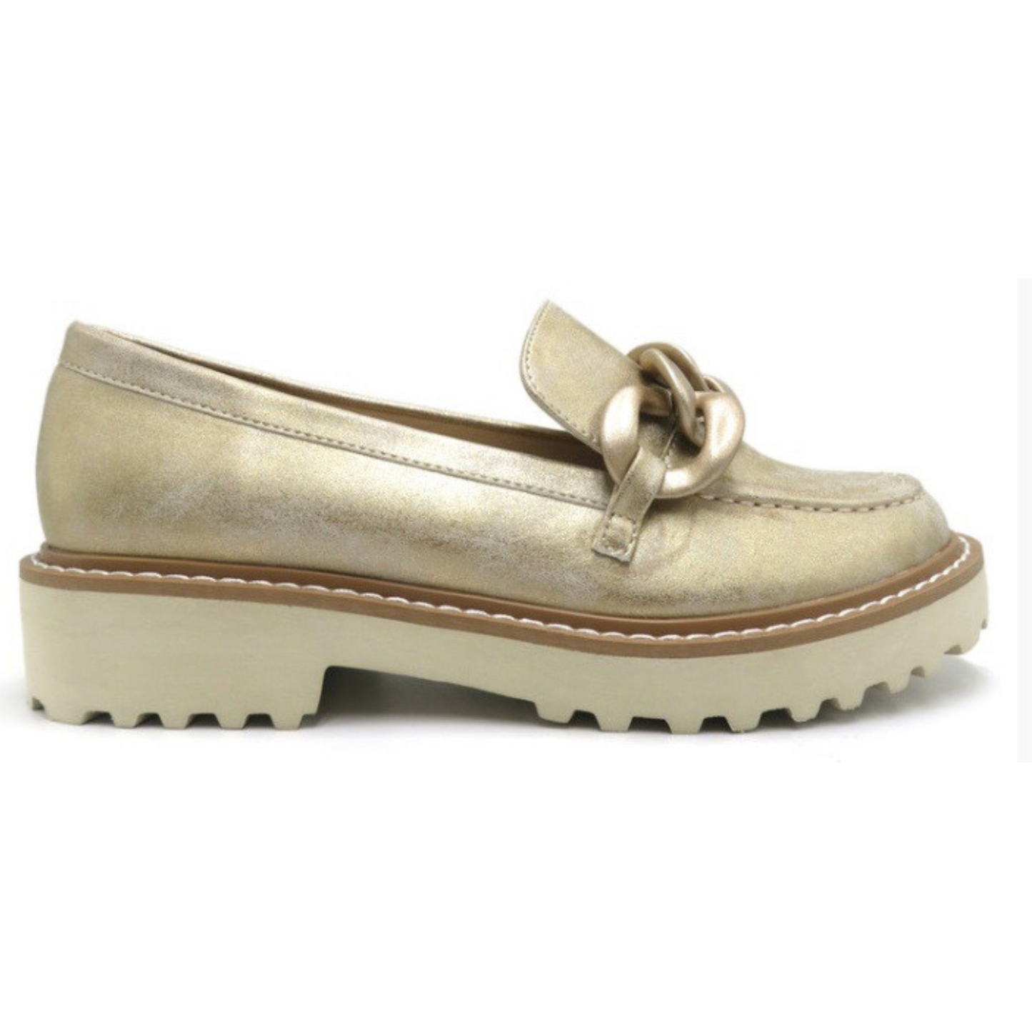 Mora-2 is a stylish closed-toe shoe featuring a gold-toned upper and elegant faux chain accent. Durable and comfortable, you can wear it for any occasion.