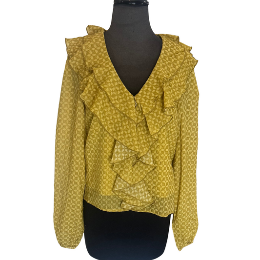 Experience refined style with the Mosaic Long Sleeve Top, featuring an eye-catching green abstract print that adds depth to your wardrobe. Crafted by B.right &amp; D.ark, this top combines elegance and comfort with its long sleeves and subtle neck ruffle detail, offering a sophisticated silhouette ideal for both casual and professional settings. The thoughtful design highlights meticulous craftsmanship for a standout look that elevates everyday dressing.