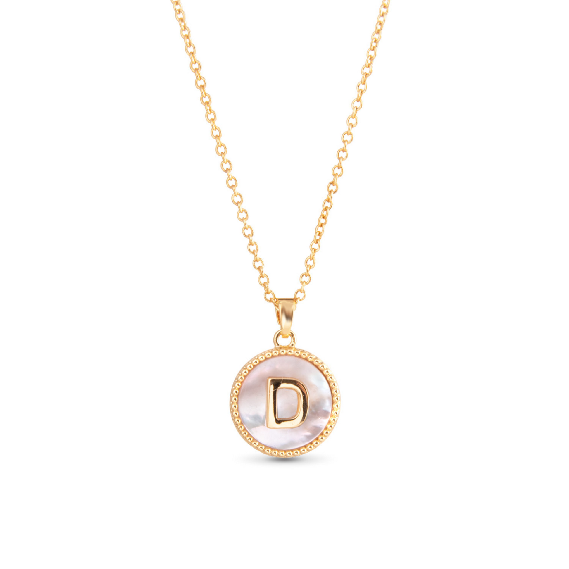 Gold mother of pearl initial necklace (D)