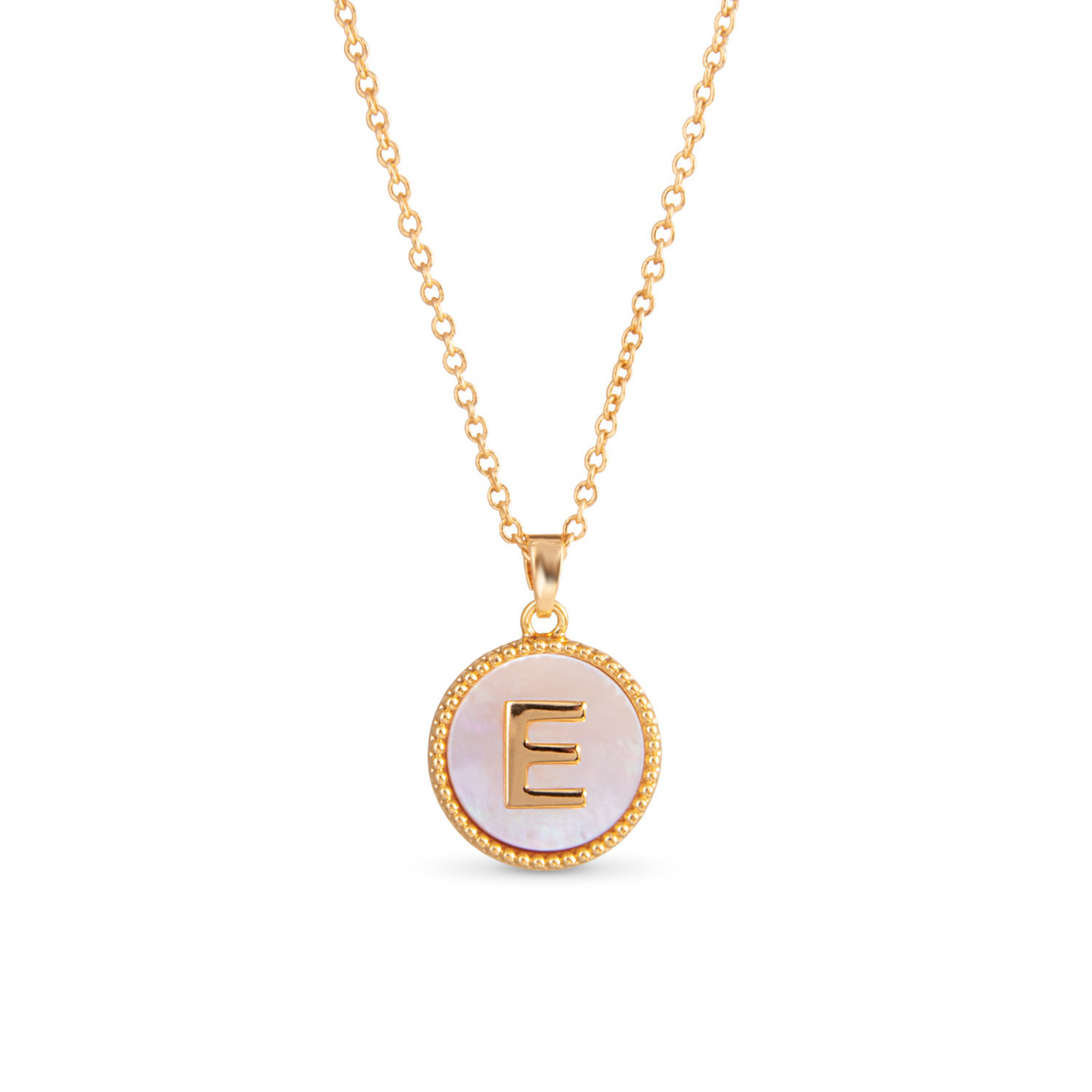 Gold mother of pearl initial necklace (E)