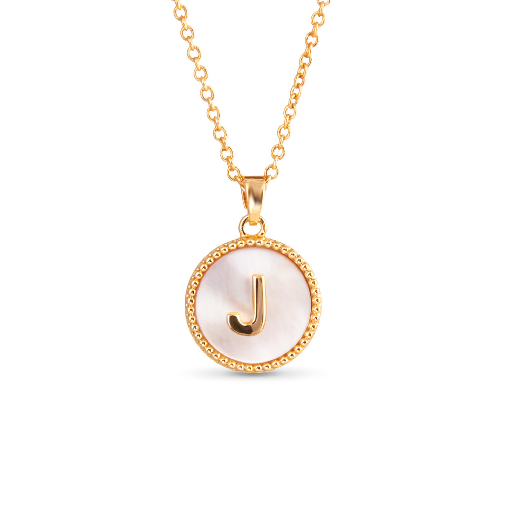 Gold mother of pearl initial necklace (J)