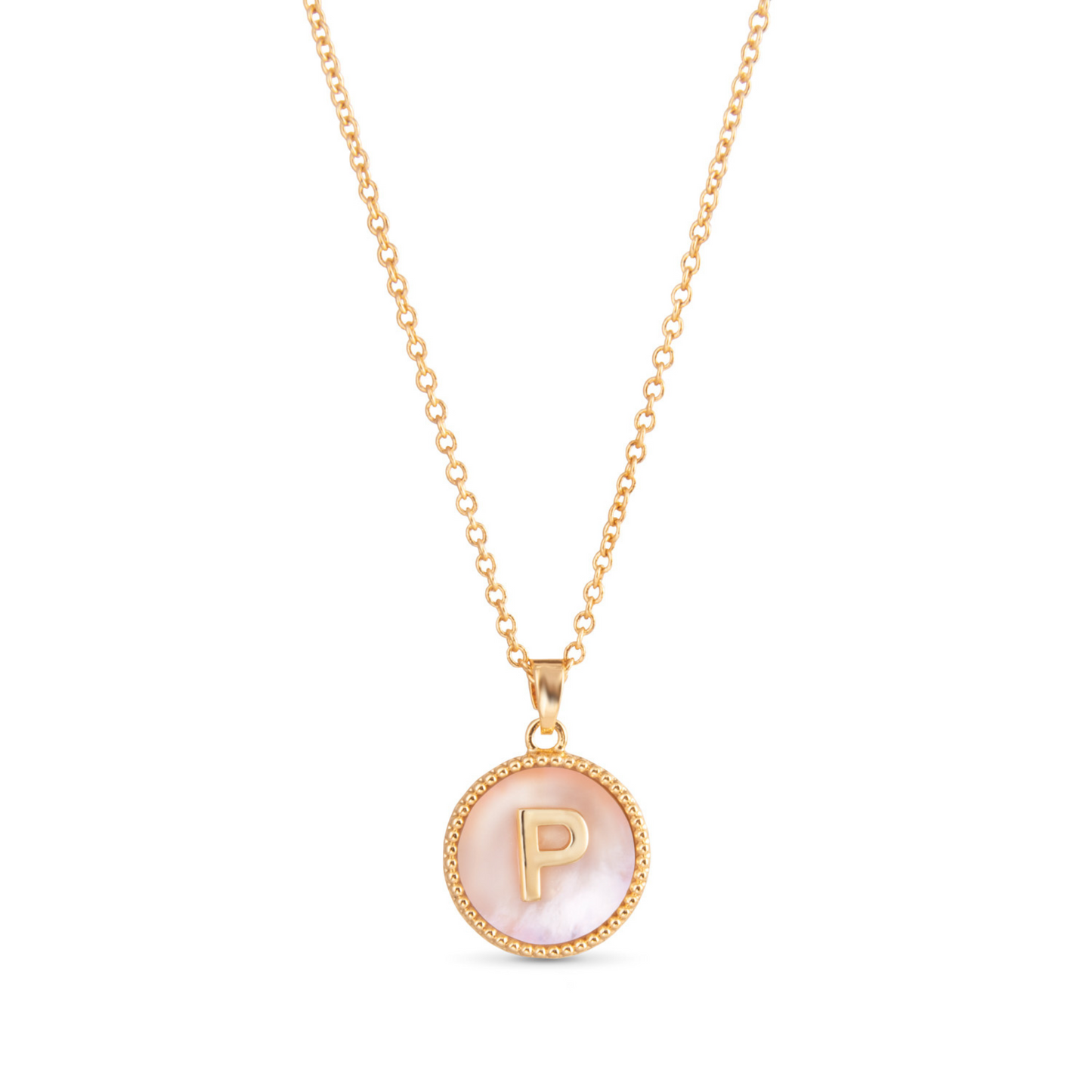 Gold mother of pearl initial necklace (P)