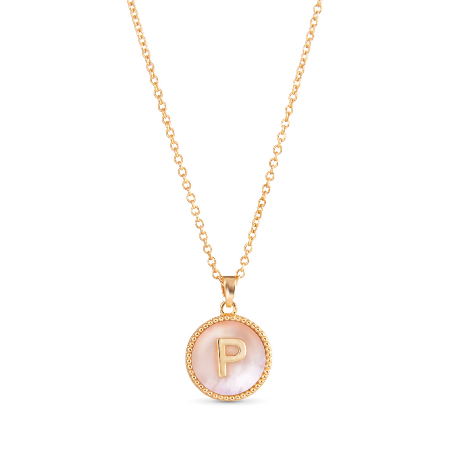 Gold mother of pearl initial necklace (P)