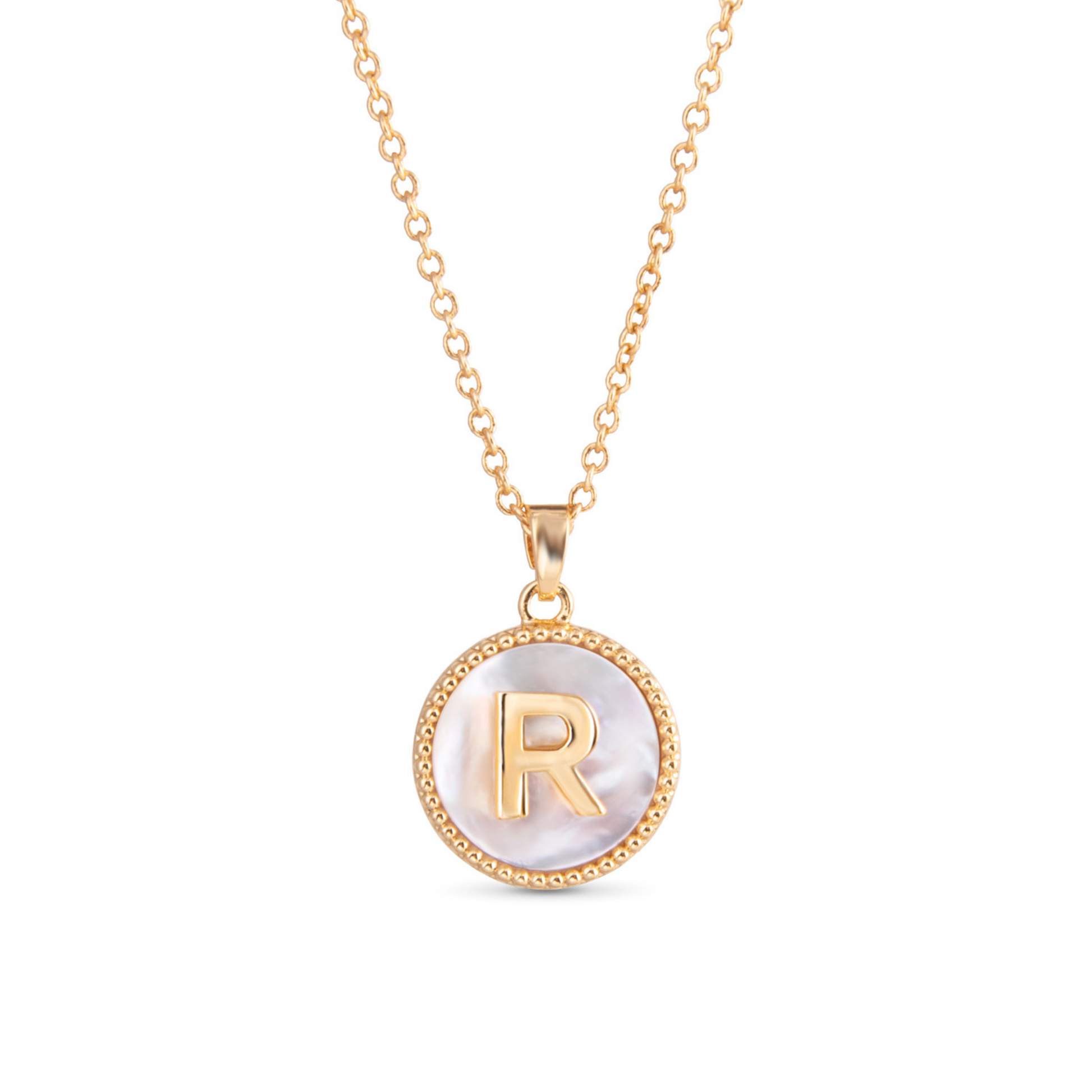 gold mother of pearl initial necklace (R)