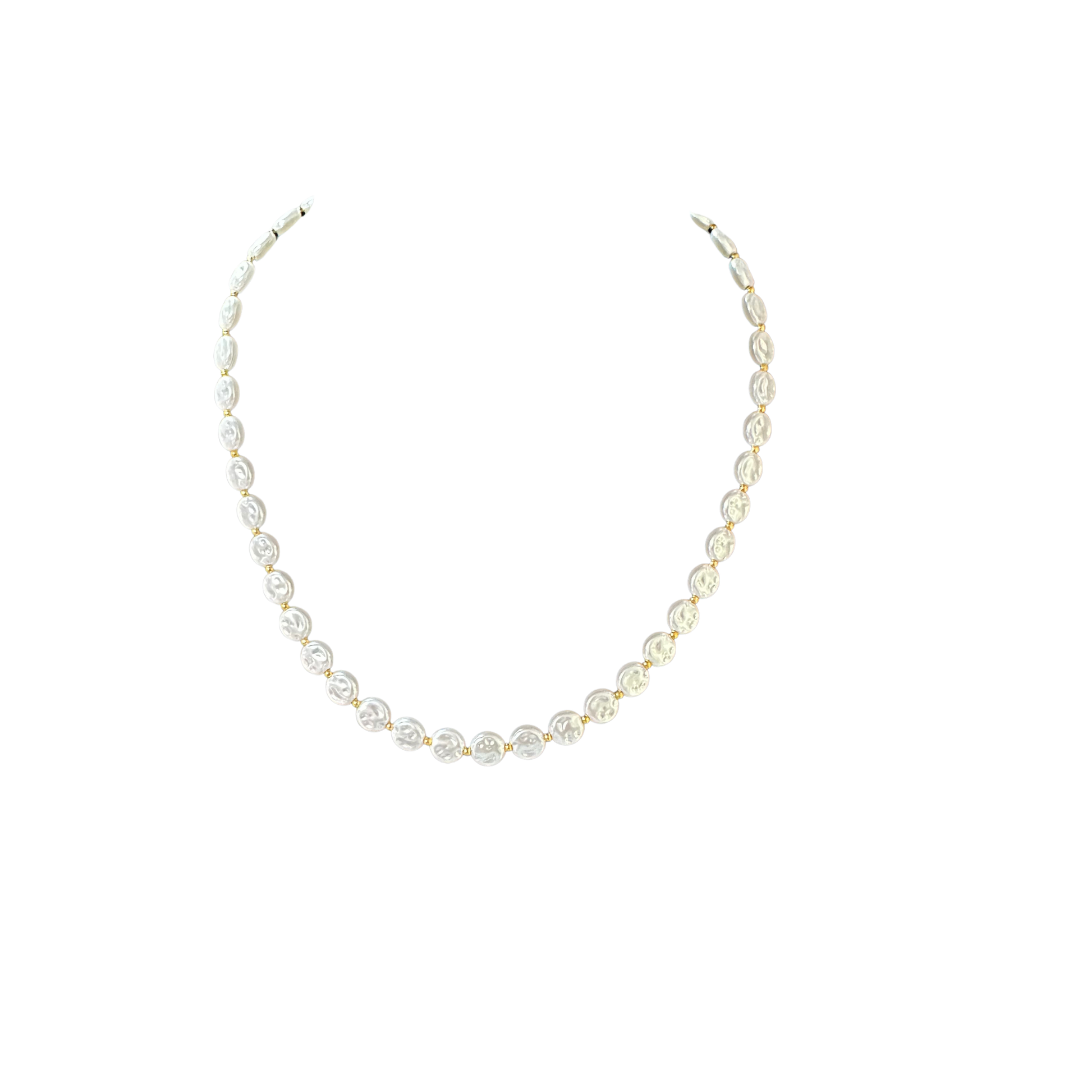 Elegant short necklace featuring lustrous mother of pearl accents set in warm gold tones. The iridescent pearl details catch the light beautifully, creating a sophisticated look perfect for everyday wear or special occasions. Delicate and timeless, this piece adds a touch of refined elegance to any outfit.