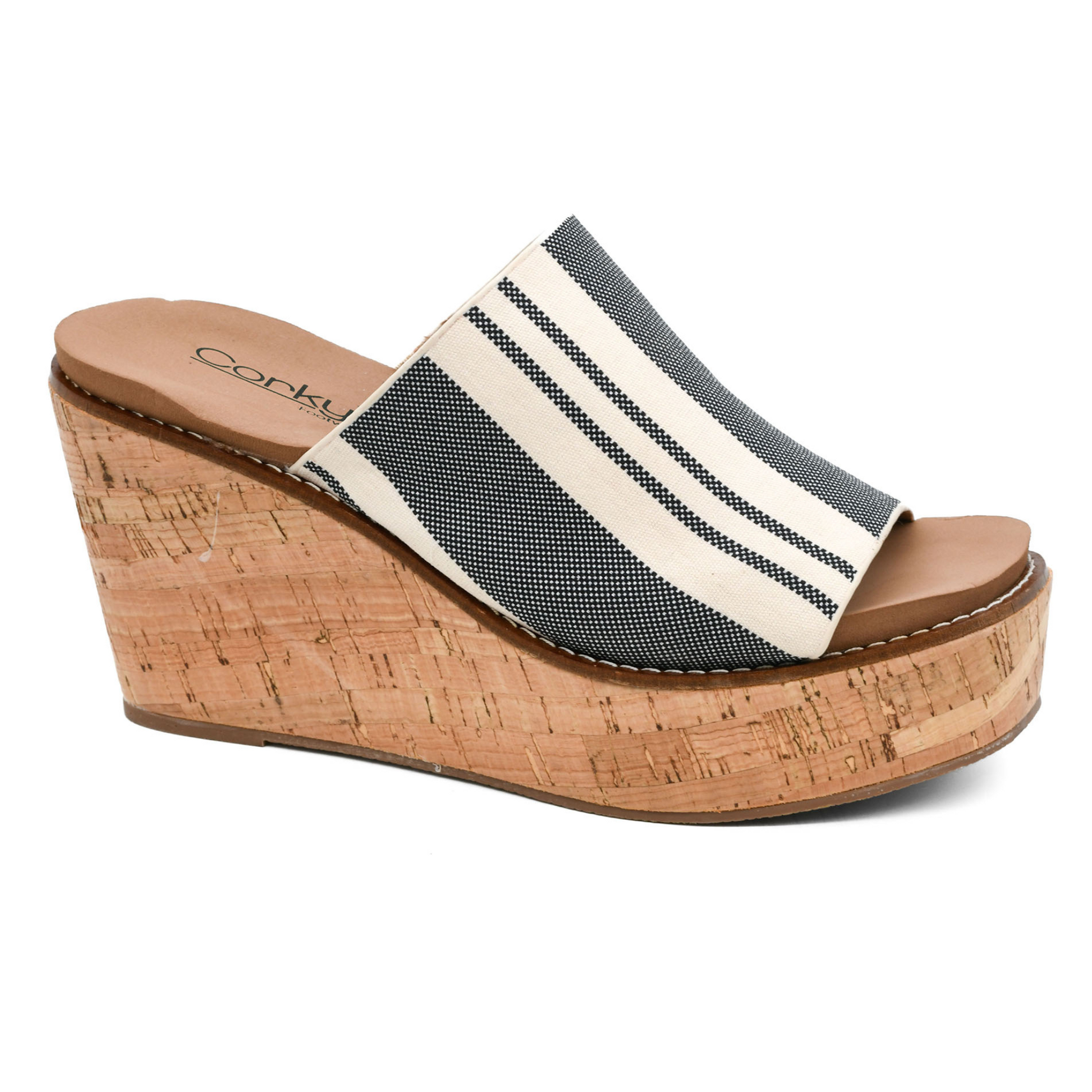 Upgrade your shoe game with the Mugshot wedge sandal by Corkys. Featuring a stylish black and white stripe design, open toe and comfortable wedges, these sandals are perfect for any occasion. Crafted by the trusted Corkys brand, you can confidently step out in style and comfort.