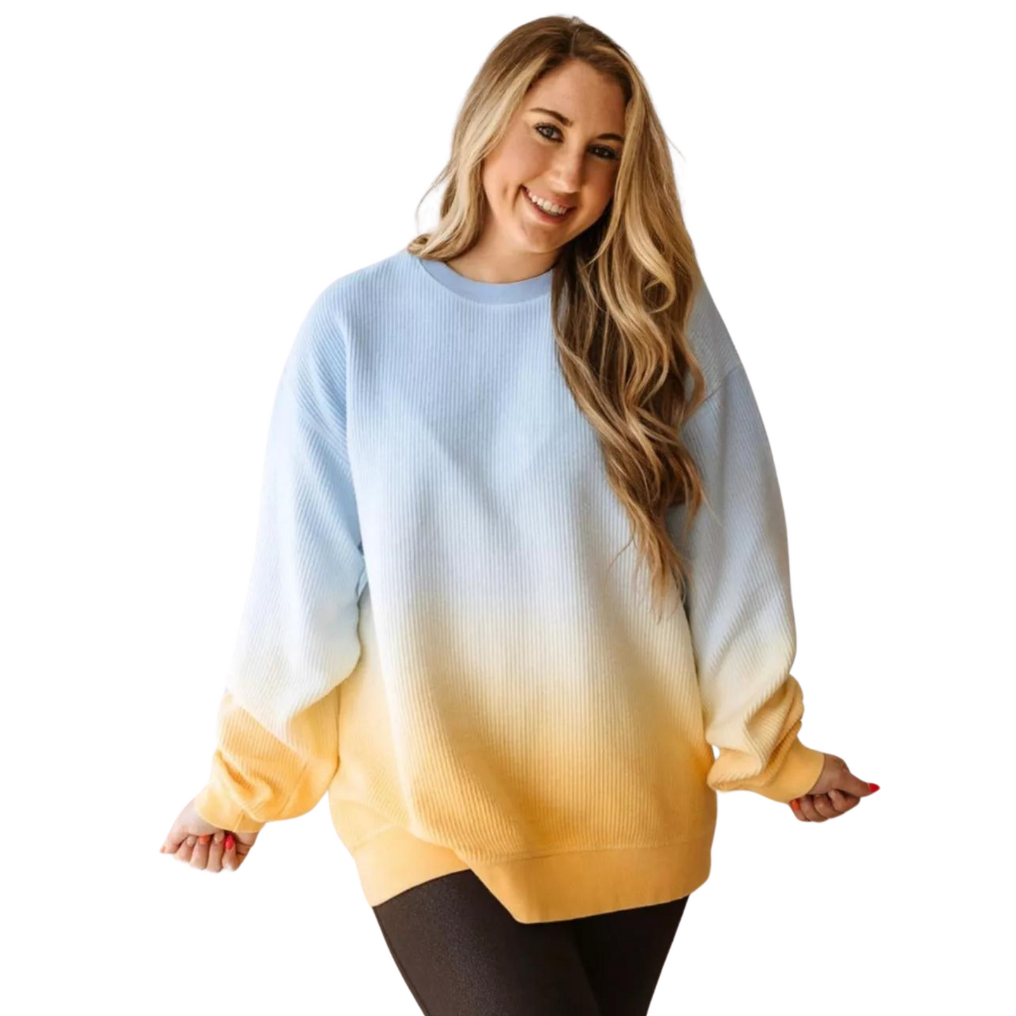 Corded crew neck top in multicolor. Available in blue and yellow ombre.
