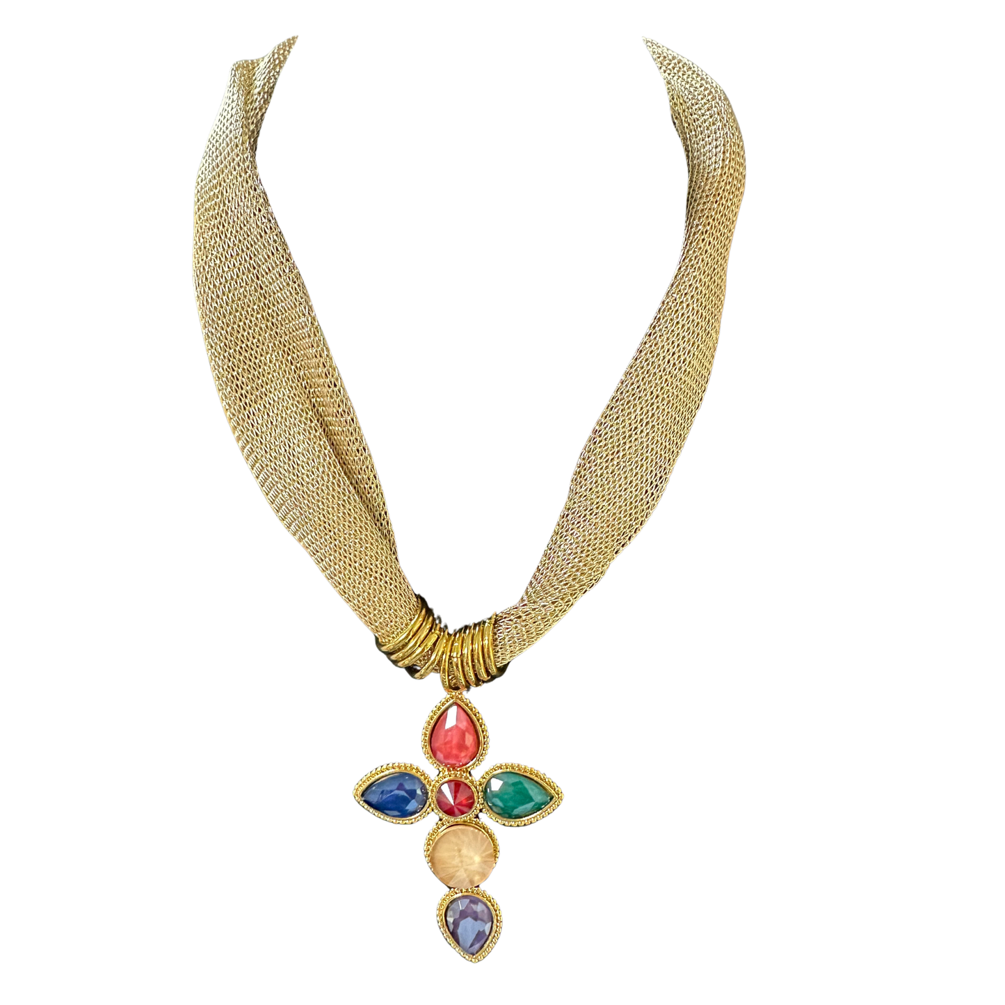 Stunning jeweled cross pendant necklace with radiant gold accents. Available in pristine white or eye-catching multicolor stones to suit your unique style. This short necklace features a graceful gold fabric chain that drapes beautifully close to the neckline, making it ideal for layering or wearing solo. Perfect for adding a touch of elegance and spiritual meaning to your everyday look.