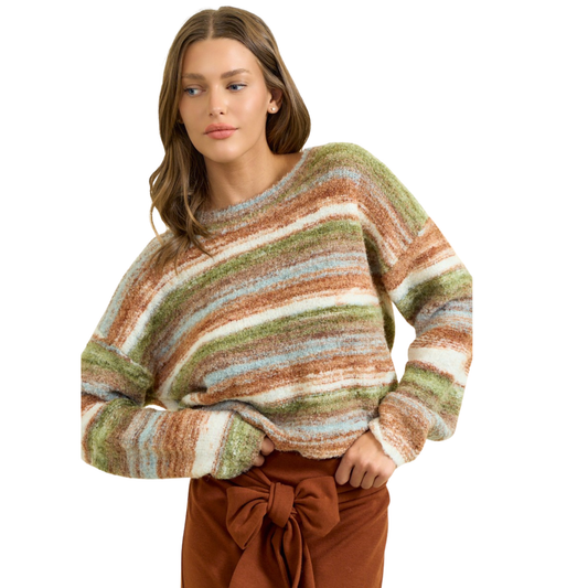 This Doe & Rae sweater features a multicolor striped design, providing a touch of vibrancy to your wardrobe. With its soft fabric and long sleeves, this sweater offers ultimate comfort and warmth. Perfect for adding a pop of color to any outfit.