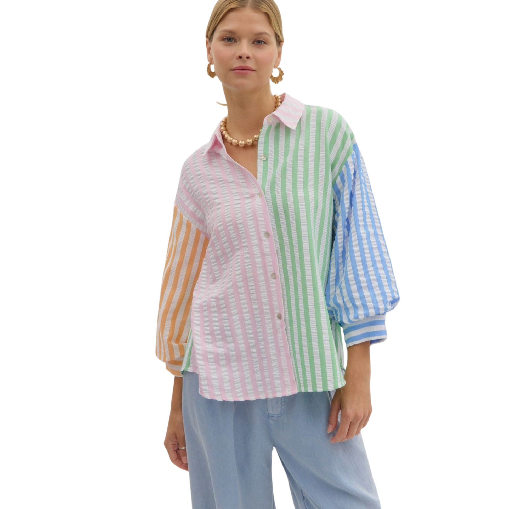 Expertly crafted with a color block striped design, this collared button front top effortlessly combines style and comfort. The ¾ voluminous sleeve with button cuff closure adds a touch of elegance to the lightweight and non-sheer woven fabric. Available in both regular and plus sizes for a perfect fit.