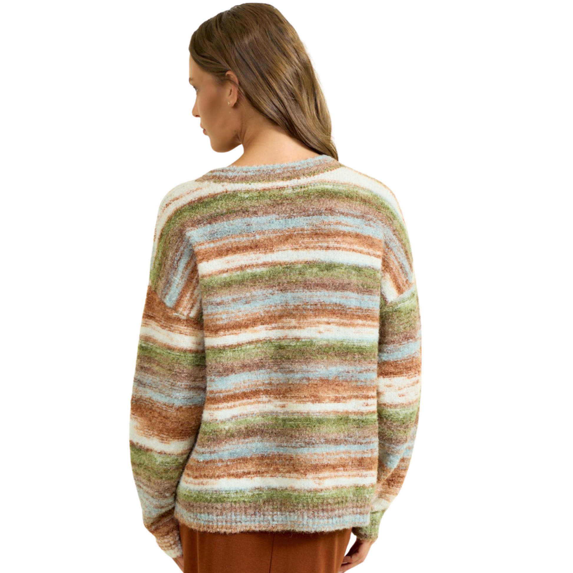 This Doe & Rae sweater features a multicolor striped design, providing a touch of vibrancy to your wardrobe. With its soft fabric and long sleeves, this sweater offers ultimate comfort and warmth. Perfect for adding a pop of color to any outfit.