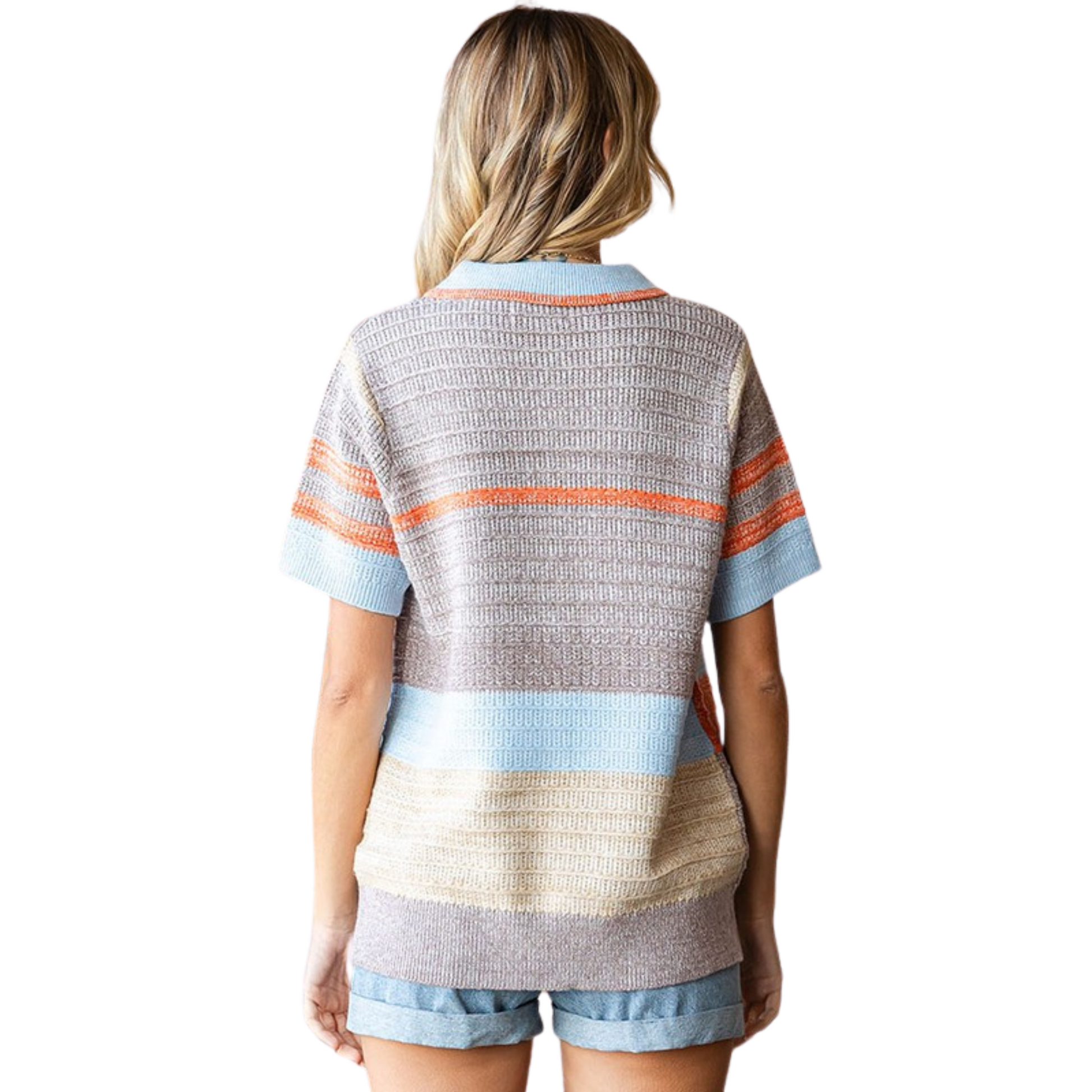 Add a pop of color to your wardrobe with our Multicolor Short Sleeve Sweater. This knit sweater features a collared split neckline, ribbed cuffed short sleeves, and a ribbed hemline. The blue multicolor design is both eye-catching and versatile, making it a perfect addition to any outfit.