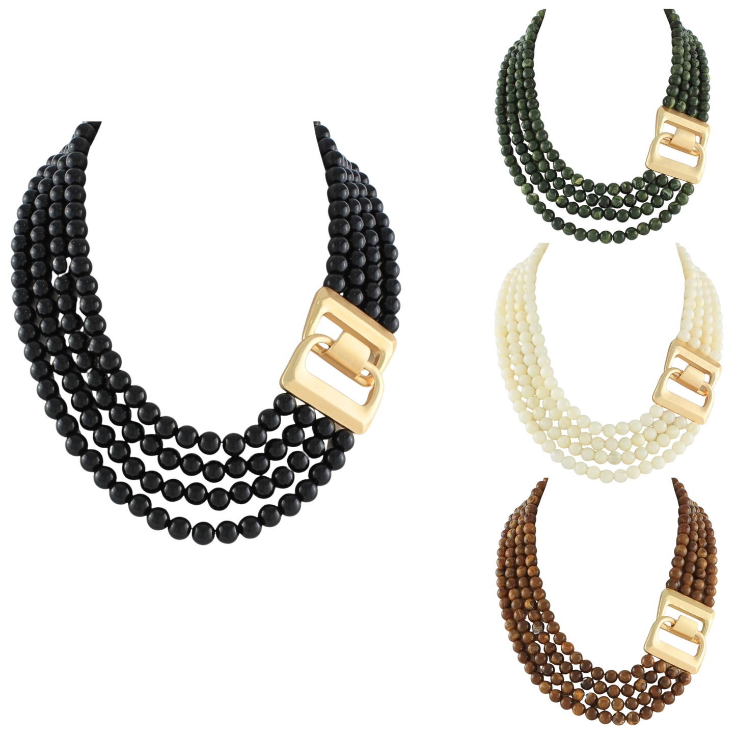 Elevate your everyday style with the Golden Stella Multi Strand Beaded Necklace and Earring Set. This sophisticated jewelry collection features delicate beaded strands anchored by a gleaming gold clasp, paired with matching gold stud earrings for a coordinated look. Choose from four versatile colorways—off white, green, brown, or black—each designed to complement any wardrobe. Perfect for layering or wearing alone, this set brings effortless elegance to casual and dressed-up occasions alike.