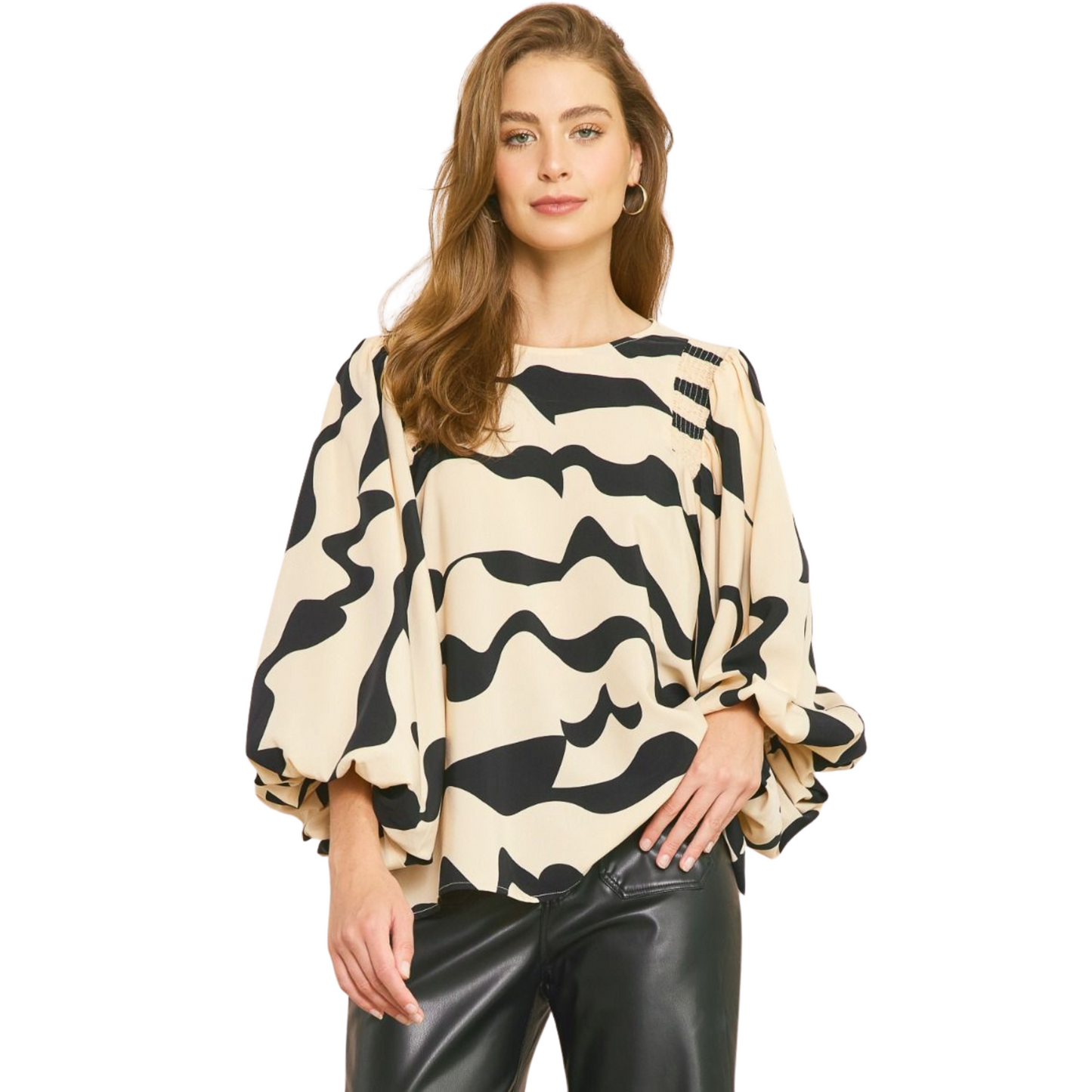 Printed balloon sleeve top in natural