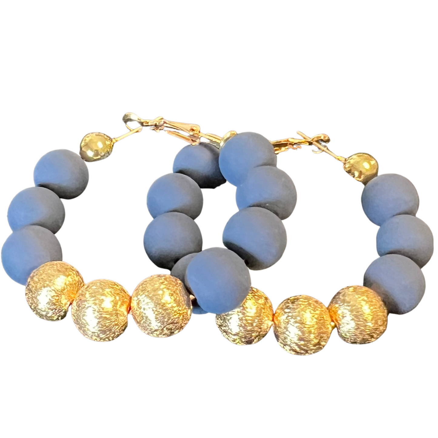 Large beaded hoop earrings in navy with gold accents