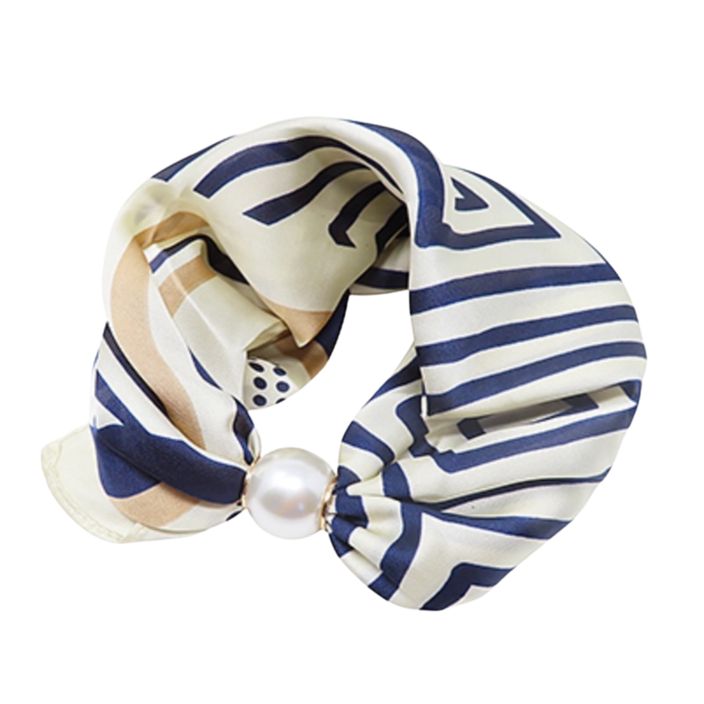 Scarf Necklace with Pearl accent in navy/beige