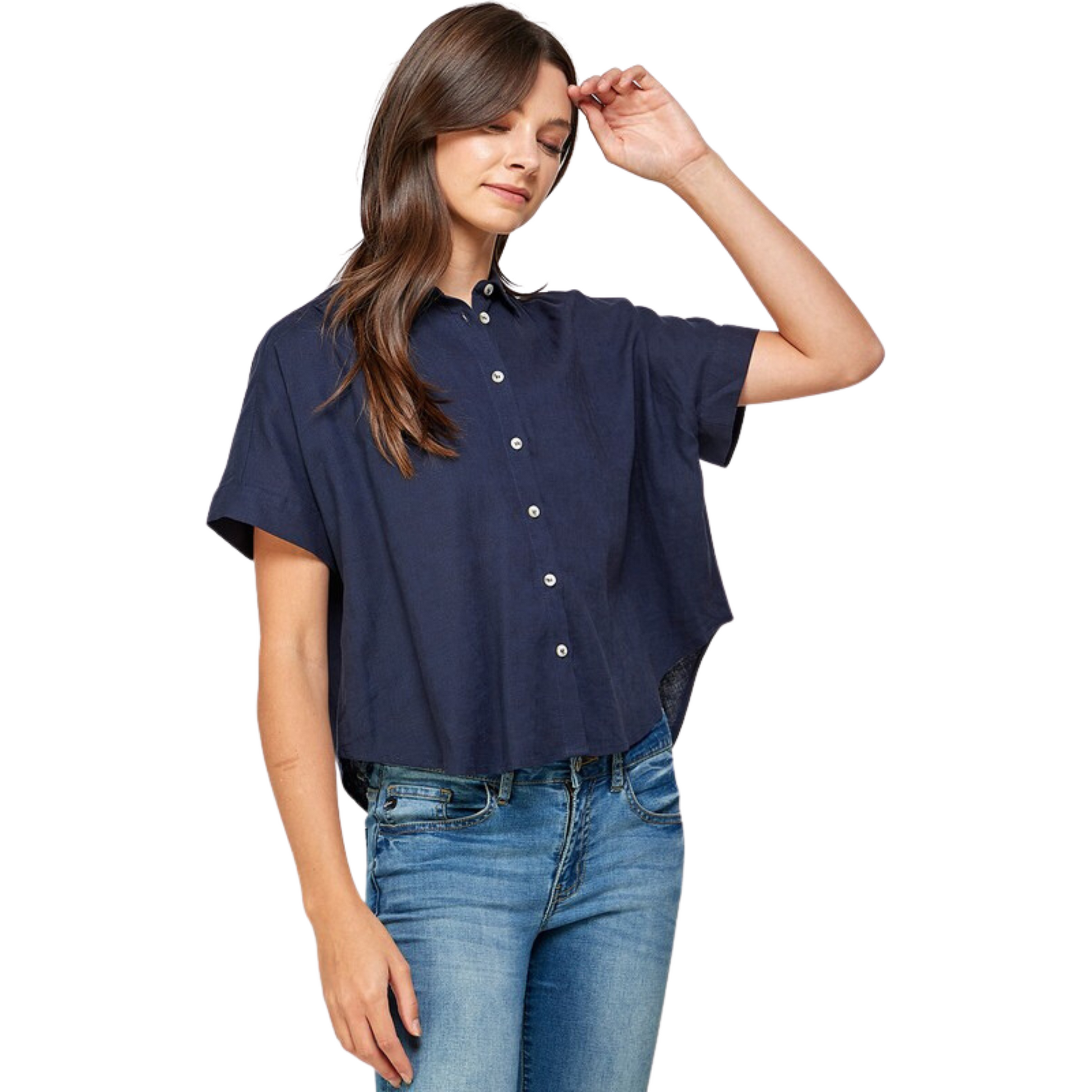 short sleeve navy button up top with collar