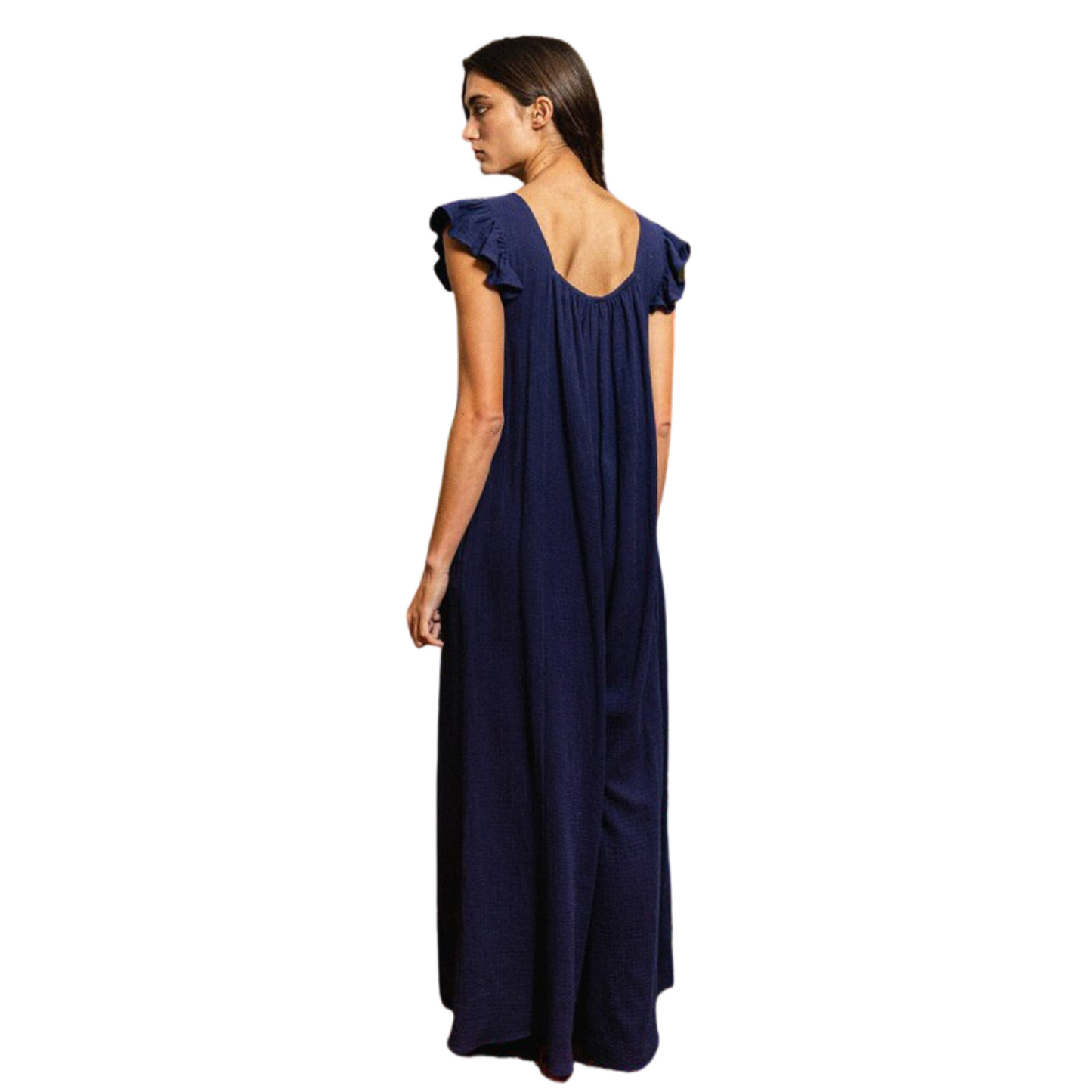 Navy colored ruffle sleeve jumpsuit. Made from gauze, this wide leg jumpsuit from bucket list is a staple for your closet.