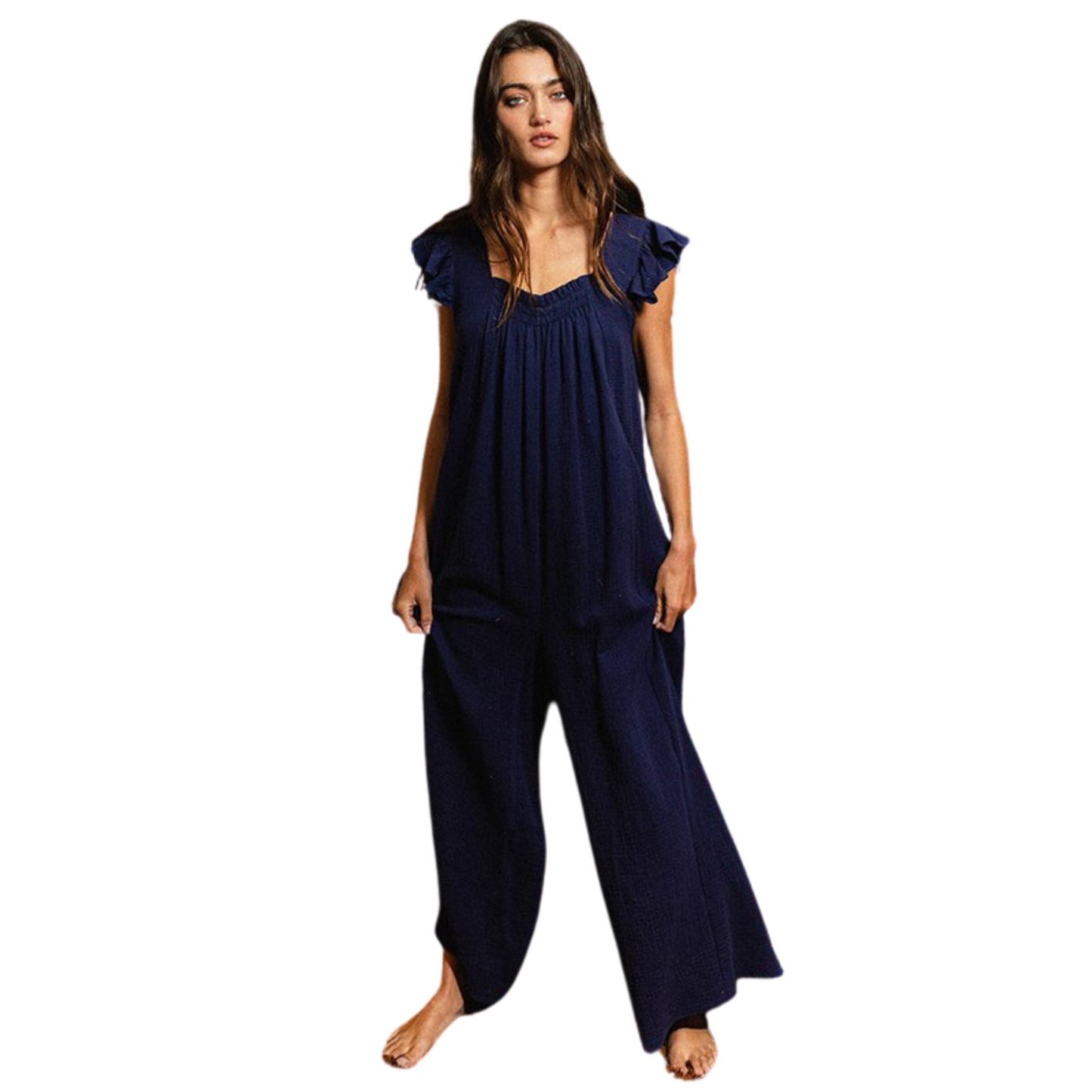 Navy colored ruffle sleeve jumpsuit. Made from gauze, this wide leg jumpsuit from bucket list is a staple for your closet.