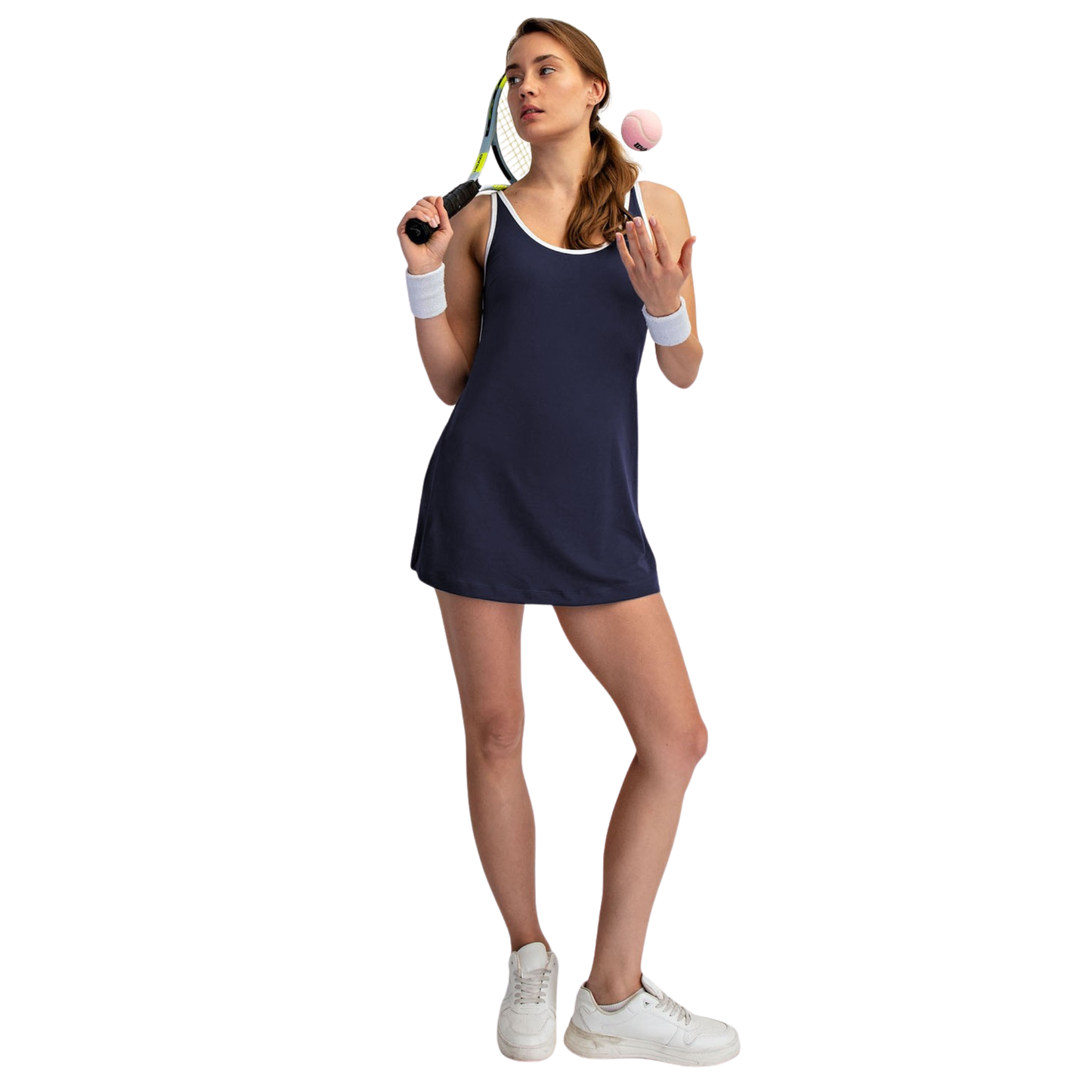 Navy and white contrast piping tank top mini dress by Rae Mode. Features a sleek silhouette with built-in shorts underneath for comfort and coverage. Perfect for casual outings, beach days, or layering. The classic color combination pairs effortlessly with your favorite accessories. Lightweight and breathable fabric keeps you cool all day long.