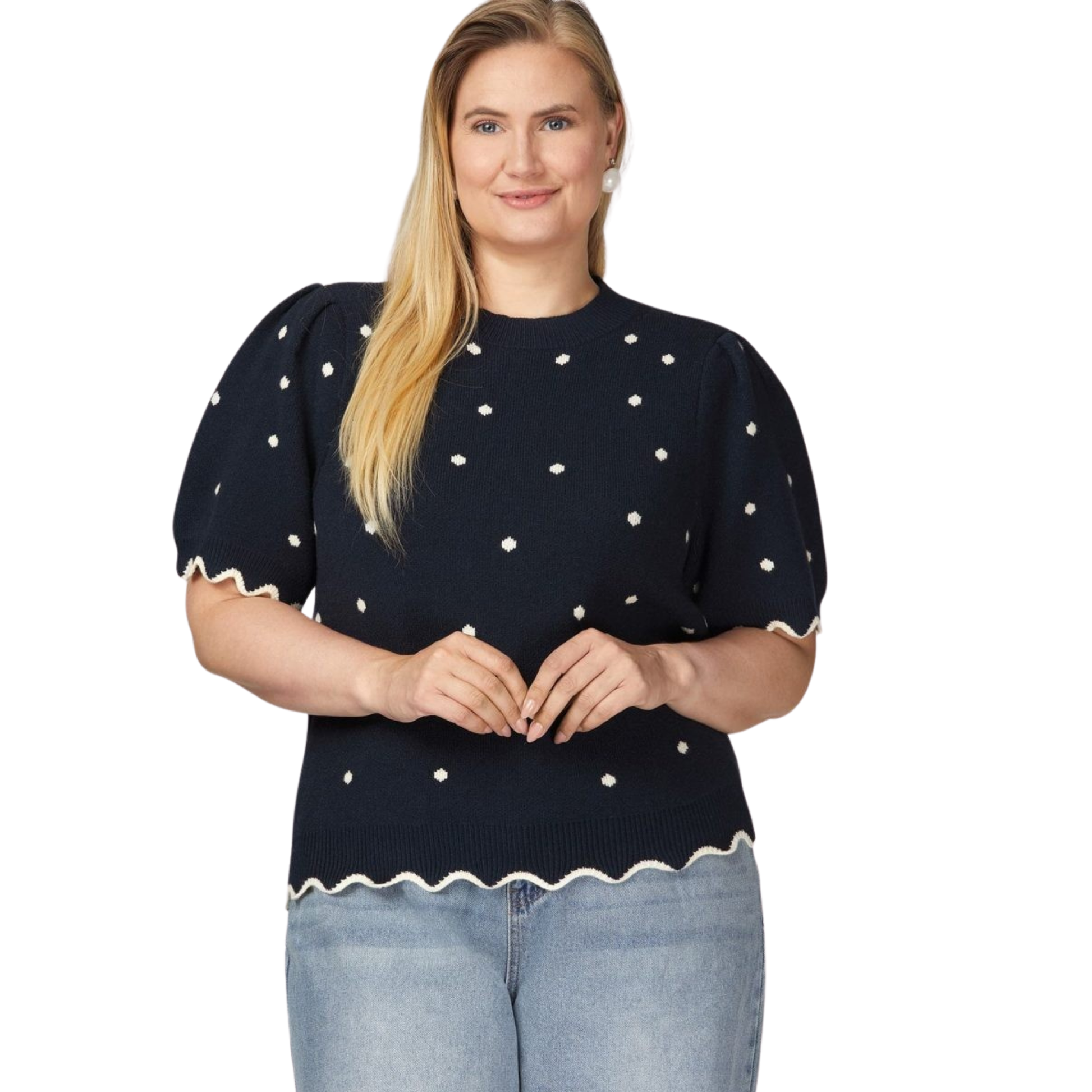 Elevate your wardrobe with this charming She+Sky Scalloped Band Sweater Top, designed for the modern woman who embraces her curves. This navy plus-size beauty features delicate polka dots and romantic puff sleeves that add dimension and movement. The signature scalloped hem creates a refined, feminine silhouette that flatters and inspires confidence. Perfect for layering or wearing solo, this versatile sweater transitions seamlessly from casual days to evening outings.
