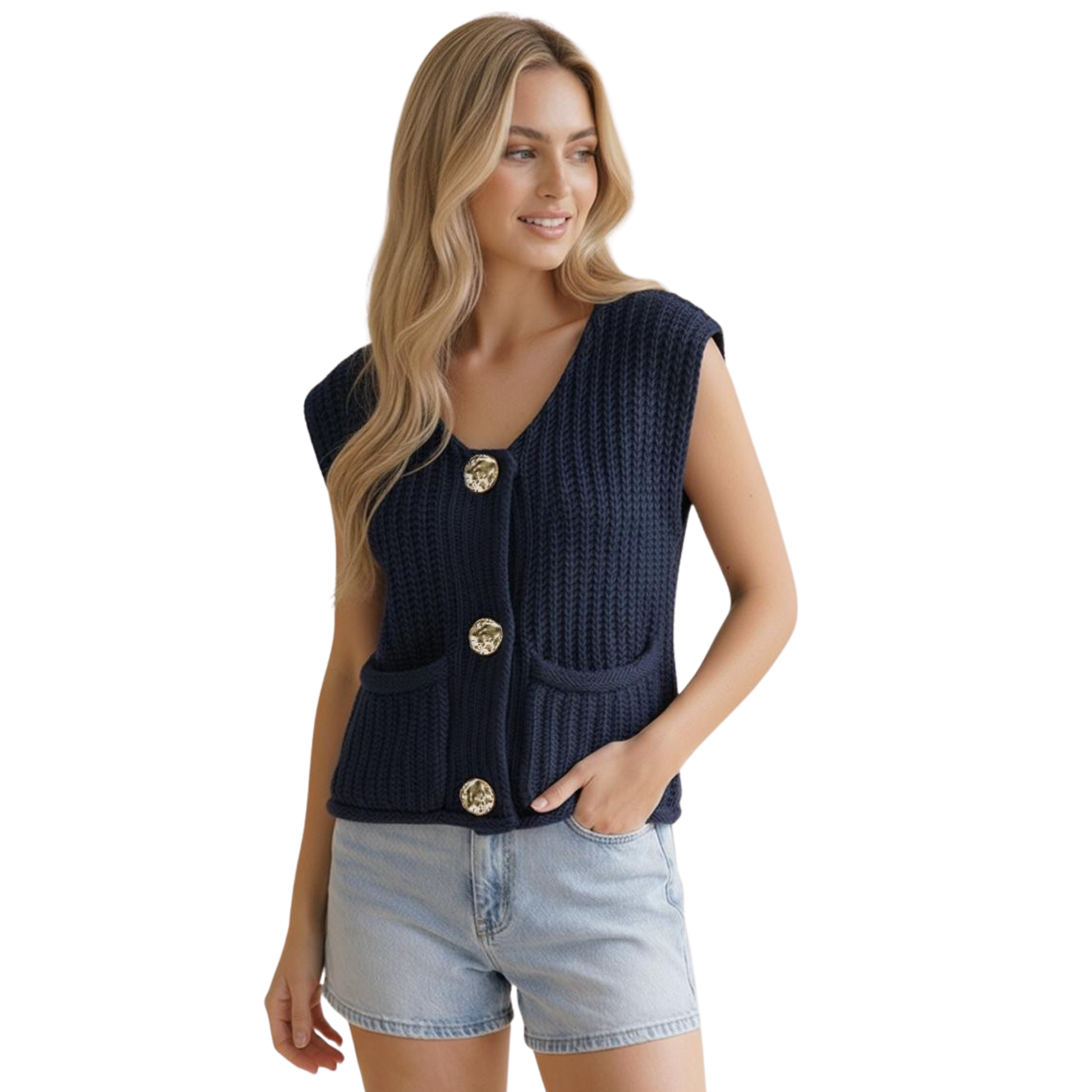 Button Down Chunky Sweater Vest in Navy