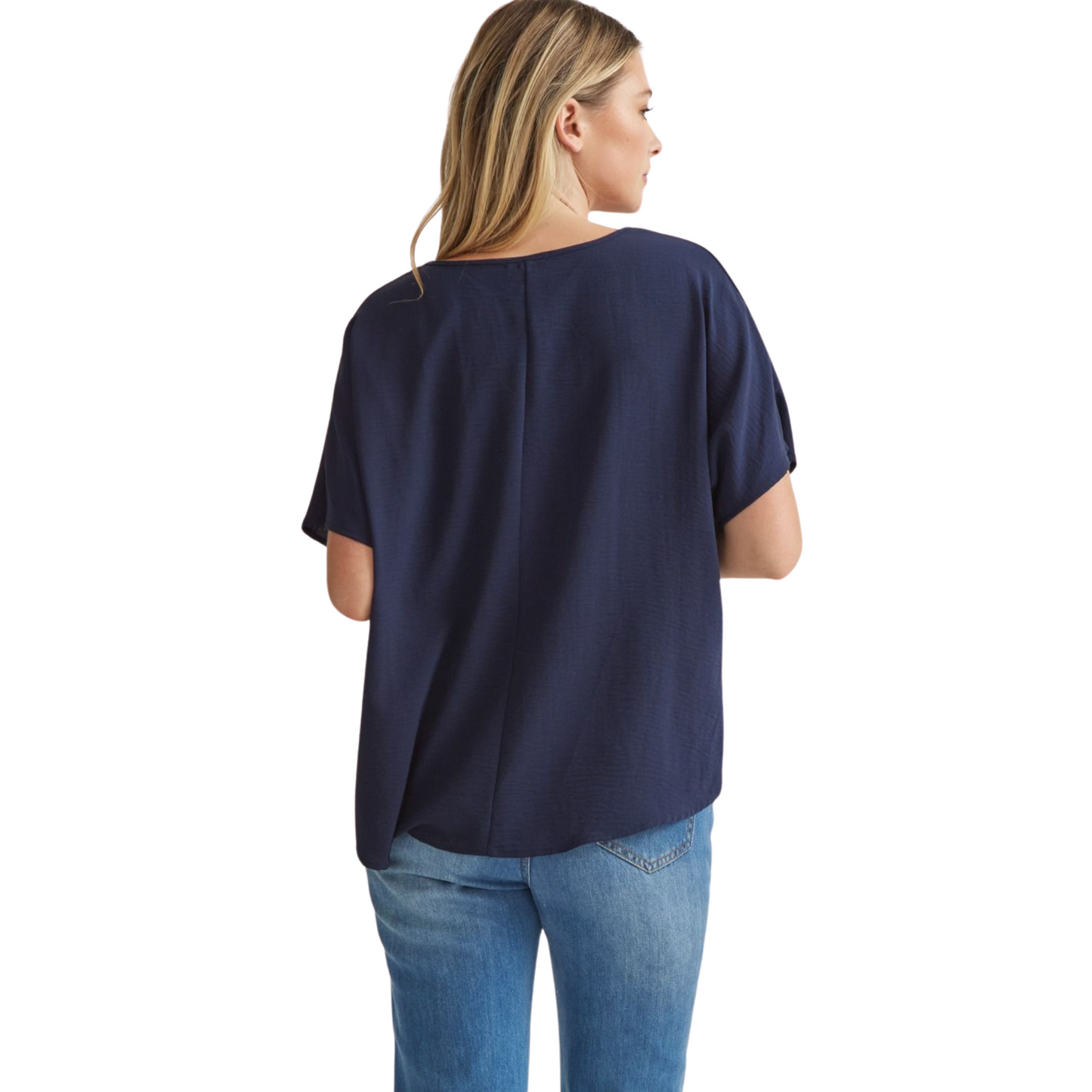 This navy solid v-neck top features an asymmetric rounded hem detail that adds a unique touch to any outfit. Made with lightweight, semi-sheer woven fabric, this top is perfect for all-day wear. Look effortlessly stylish and feel comfortable at the same time.