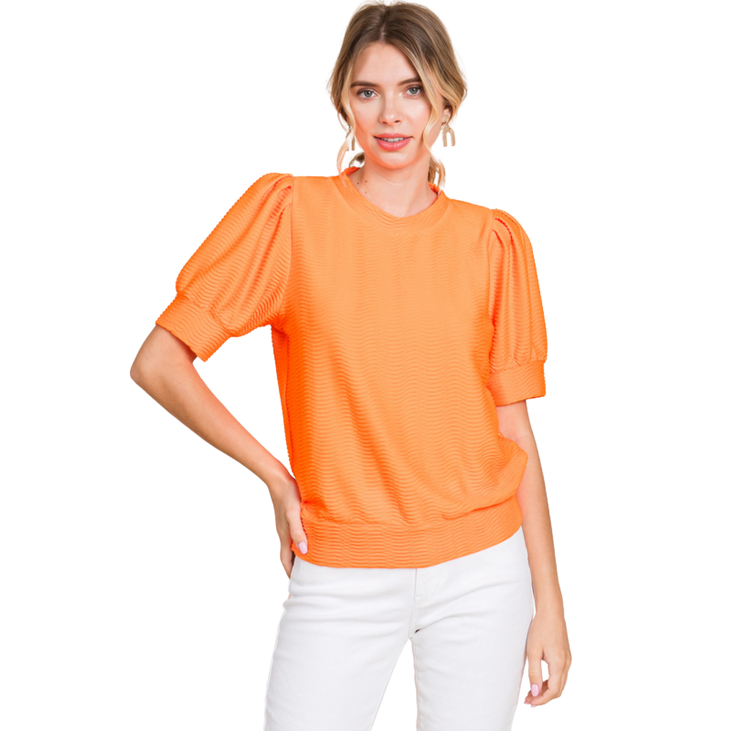 Textured short sleeve top in neon orange