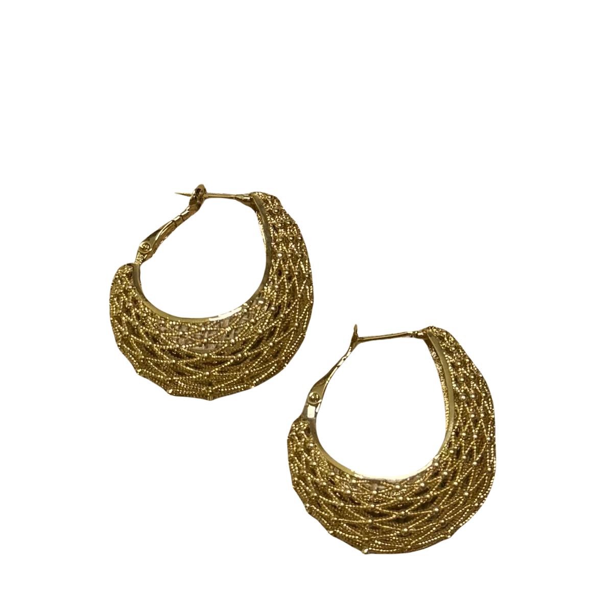 Elevate your accessory game with these stunning Fishnet Dangle Earrings from Perdido Gems. Crafted in lustrous gold, these teardrop hoops feature an intricate fishnet design that catches the light beautifully. Perfect for adding dimension and texture to any look, whether you're dressing up for a night out or elevating your everyday style. The delicate dangle creates graceful movement with every turn of your head. A timeless piece that blends sophisticated elegance with modern edge.