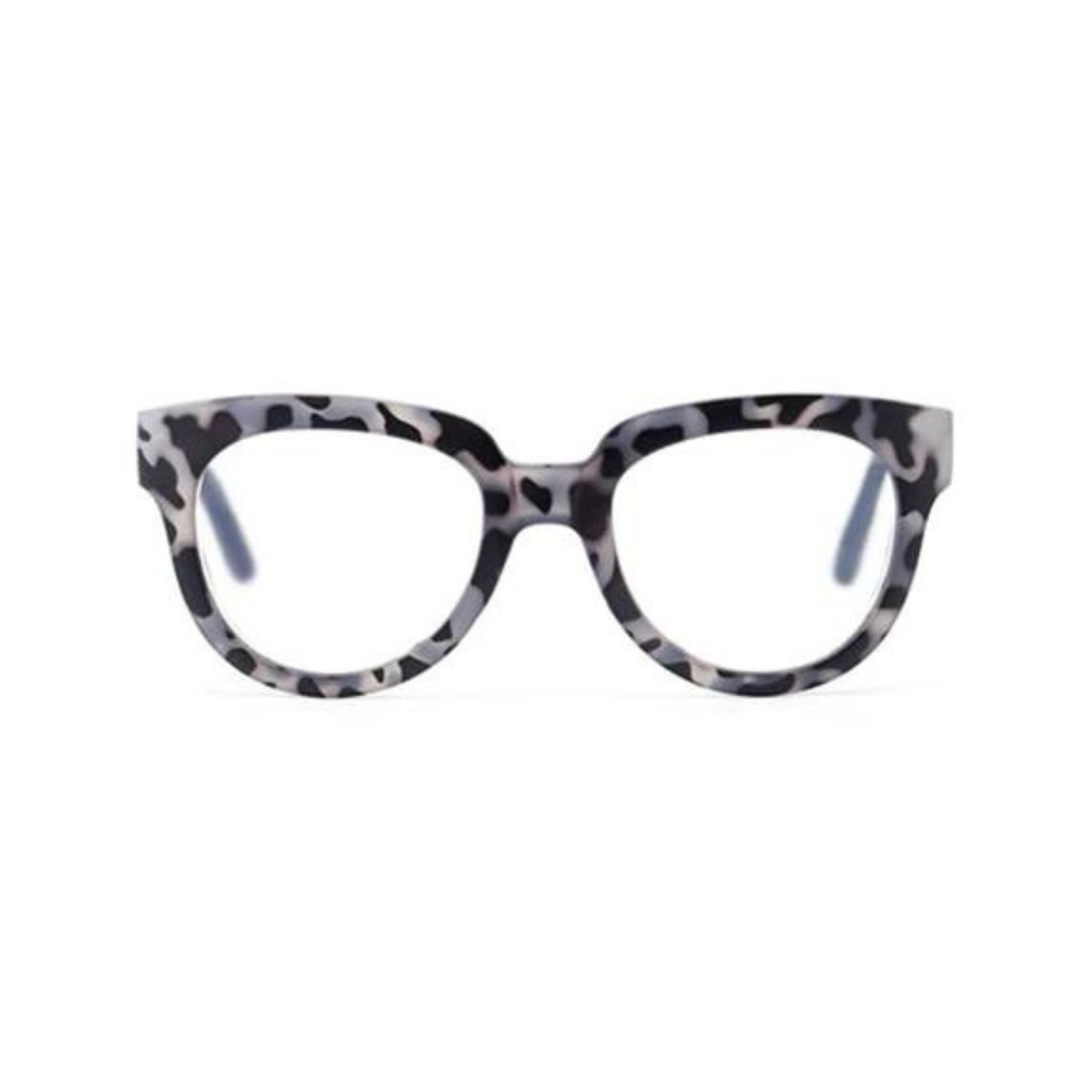 black and clear tortoise print rimmed readers. This style is called New Girl.