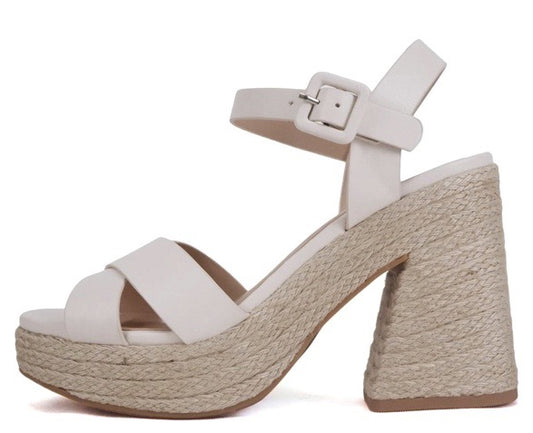 classy open toed wedge sandal with straps. bone color