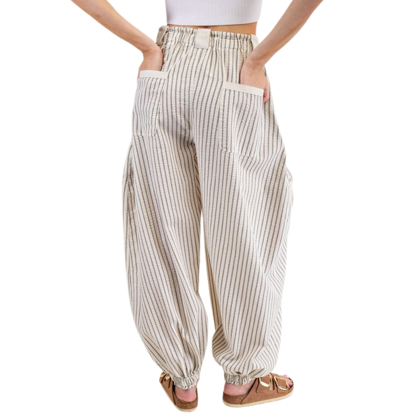 Striped drawstring joggers in oatmeal