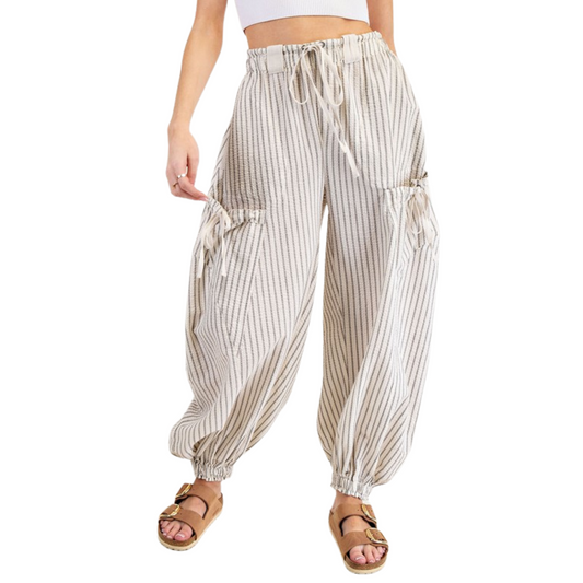 Striped drawstring joggers in oatmeal